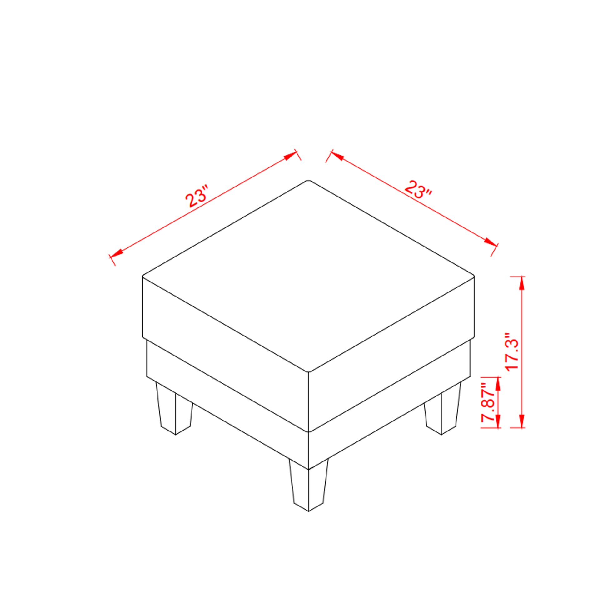 Square ottoman with tapered legs  x  inches dimensions shown