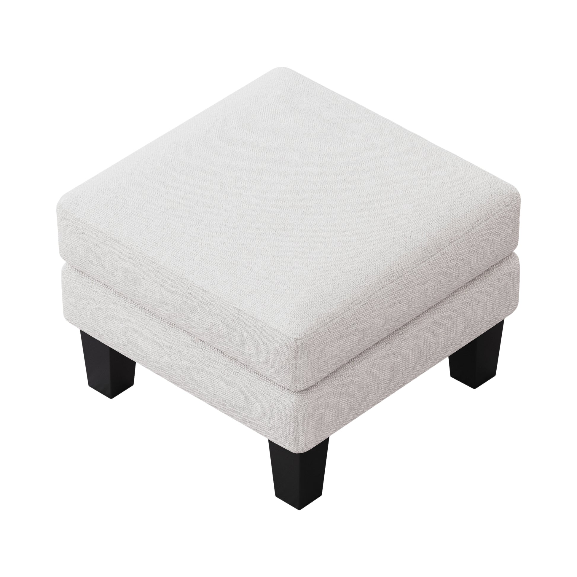 Square ottoman in textured light gray fabric with four black tapered legs