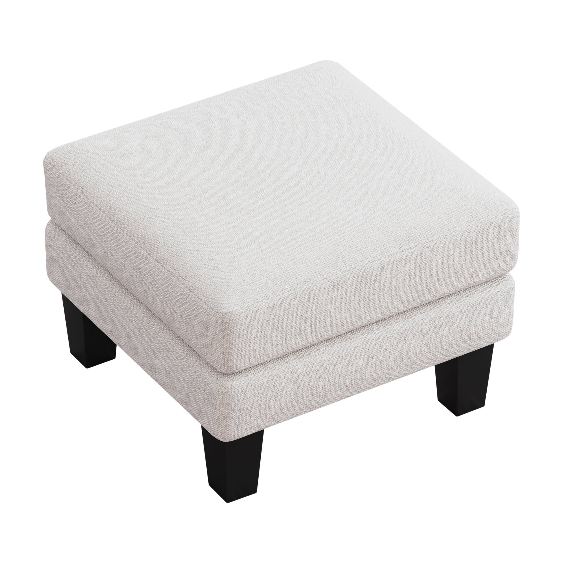 Square grey fabric ottoman with four black tapered legs