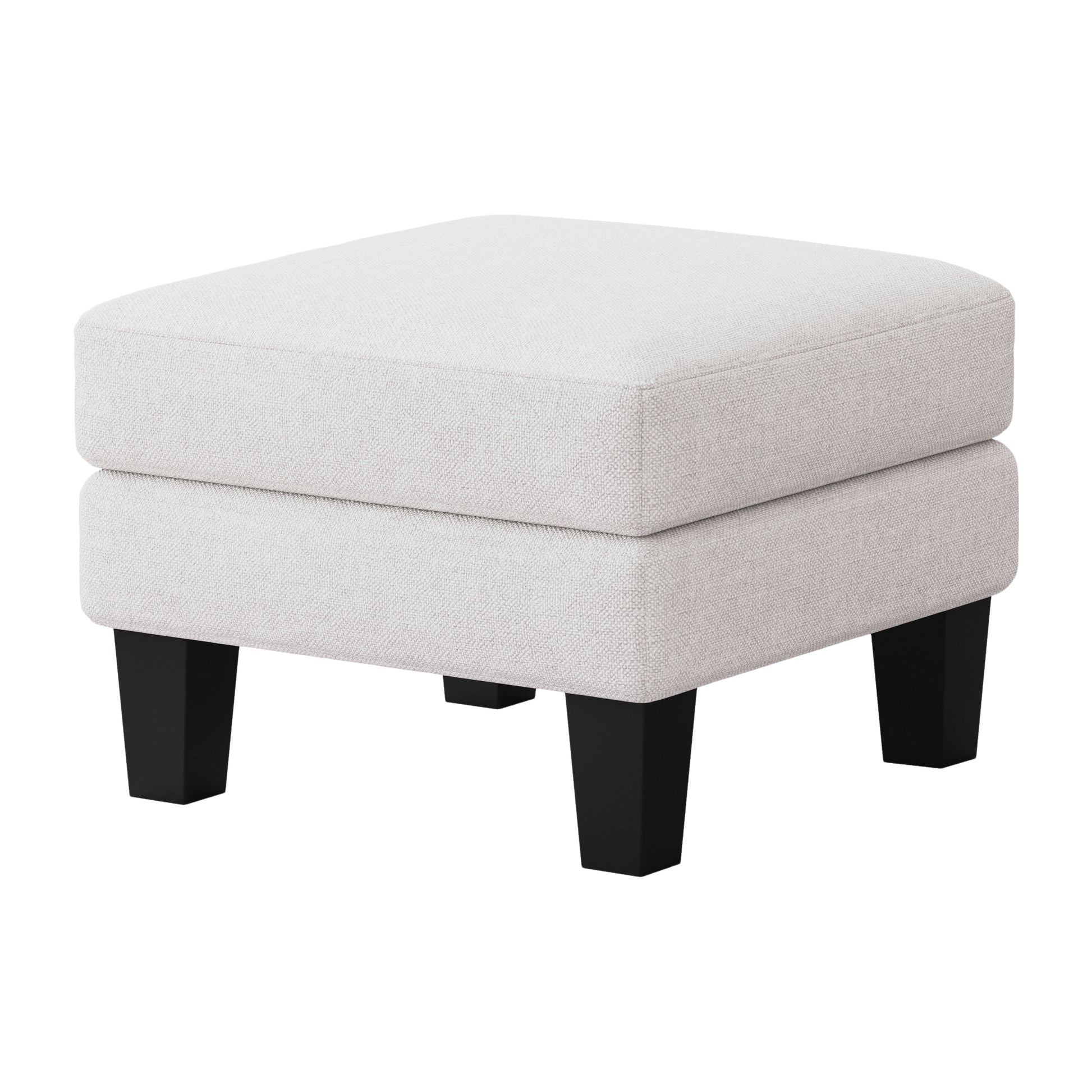 Square linen ottoman with a neutral textured fabric and four black tapered legs