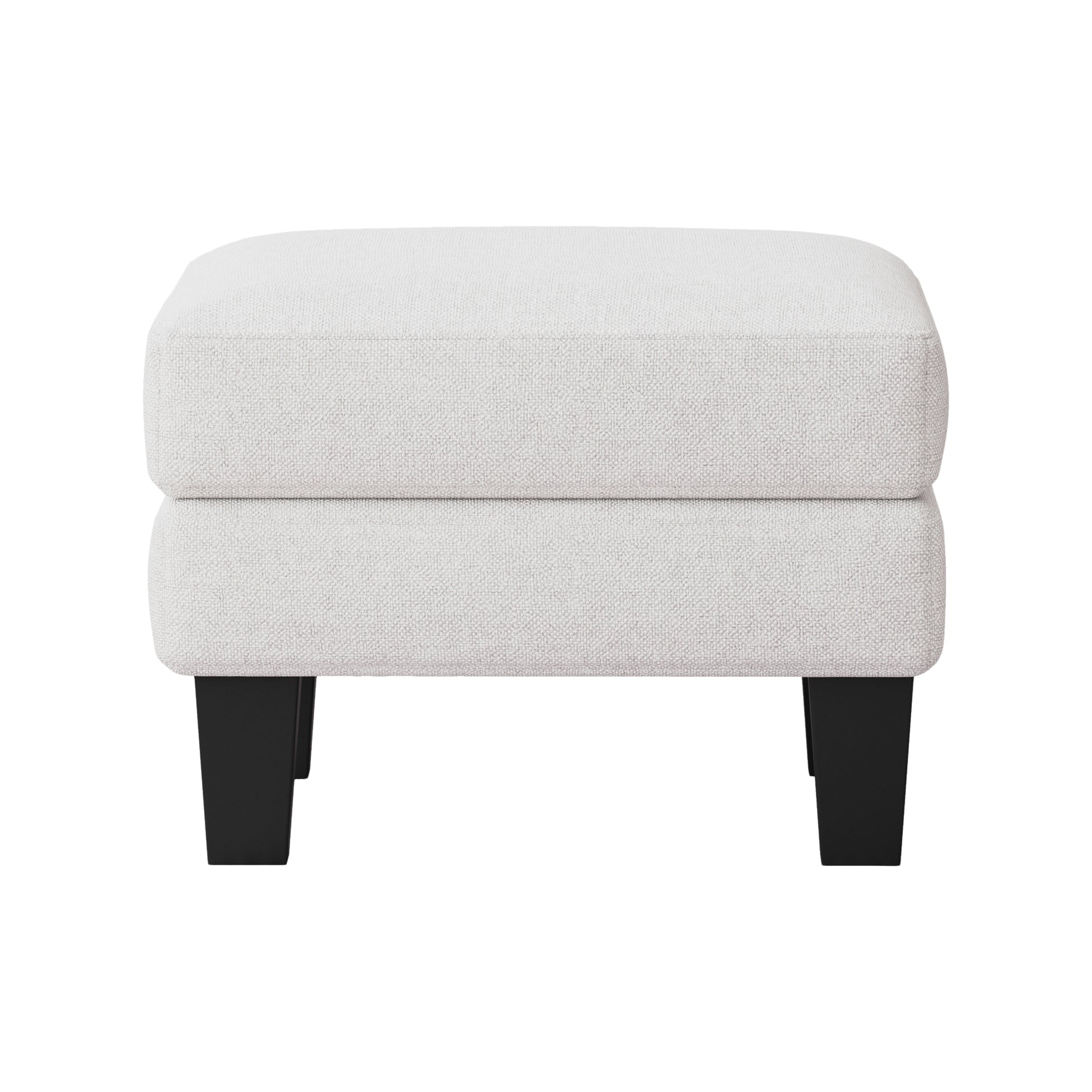 Light gray textured fabric ottoman with black square legs