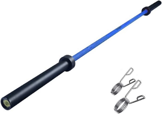 kg Olympic weightlifting barbell with blue center and chrome sleeves