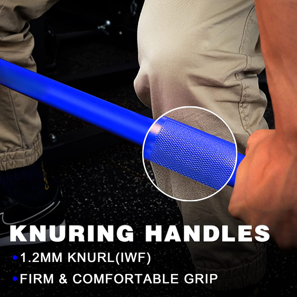 Closeup of a bright blue barbell with mm knurling for a secure grip