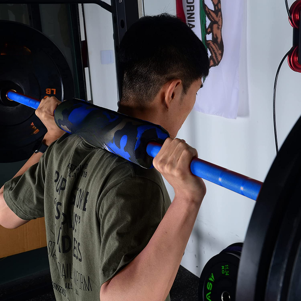Camouflage squat pad with blue barbell for comfortable weightlifting support
