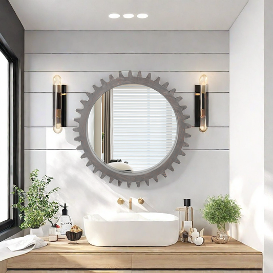 Gearshaped rustic grey wood mirror with a distressed finish perfect for farmhouse decor