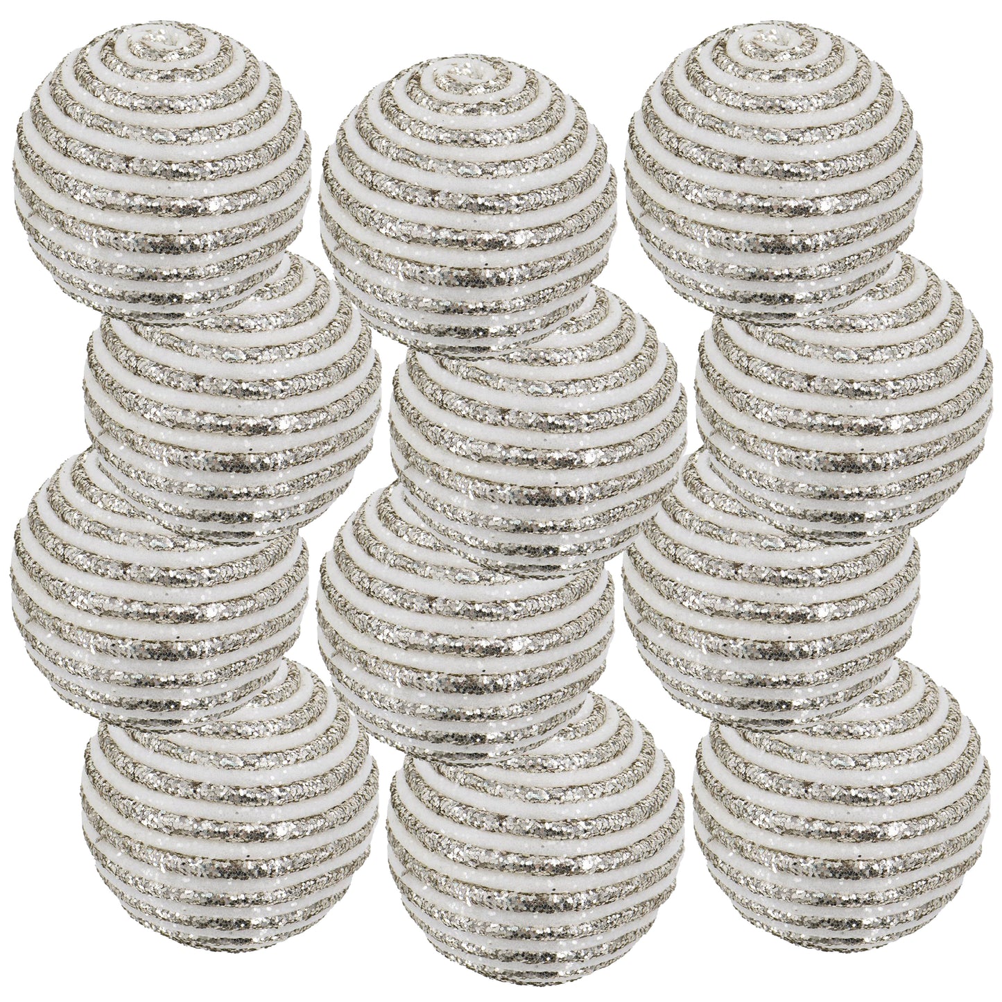 Set of  white glitter spiral Christmas ornaments ideal for festive decor