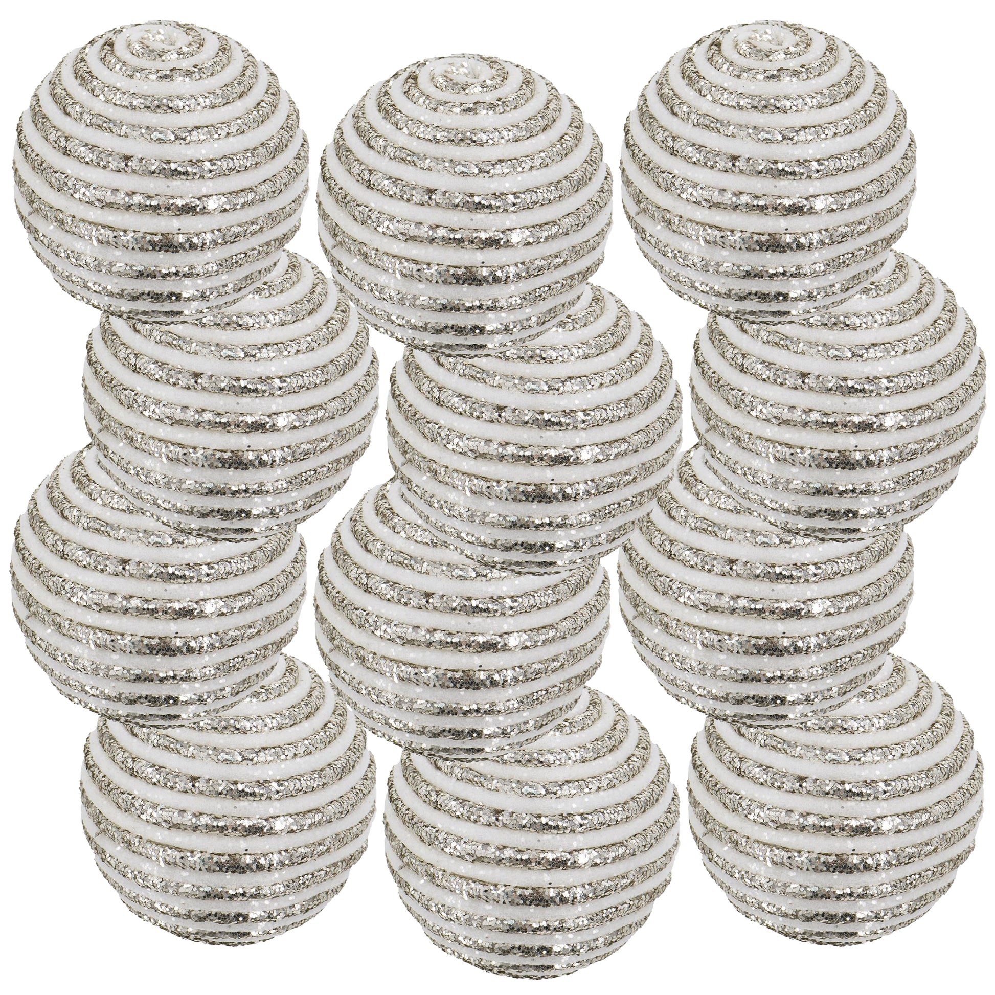 Set of  white glitter spiral Christmas ornaments ideal for festive decor