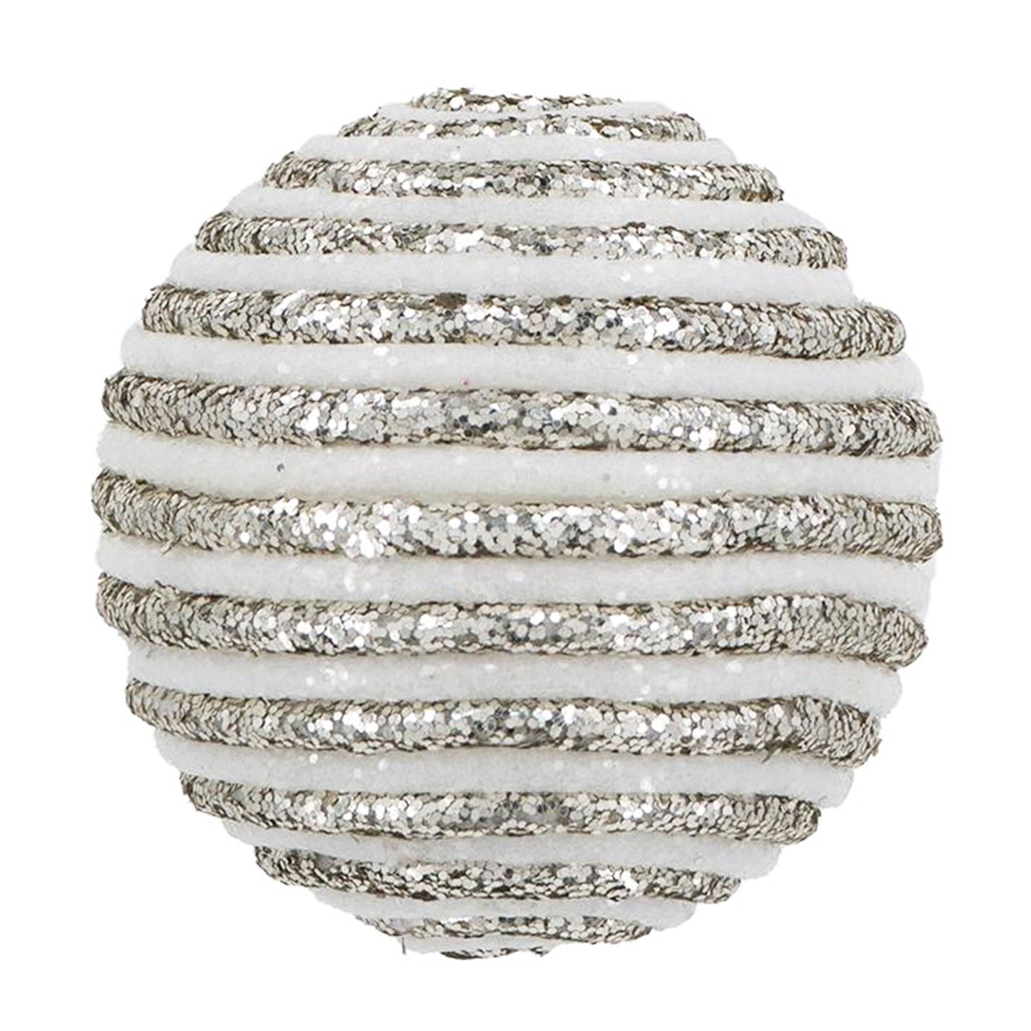 White and silver glitter stripe bauble ornament with plush texture