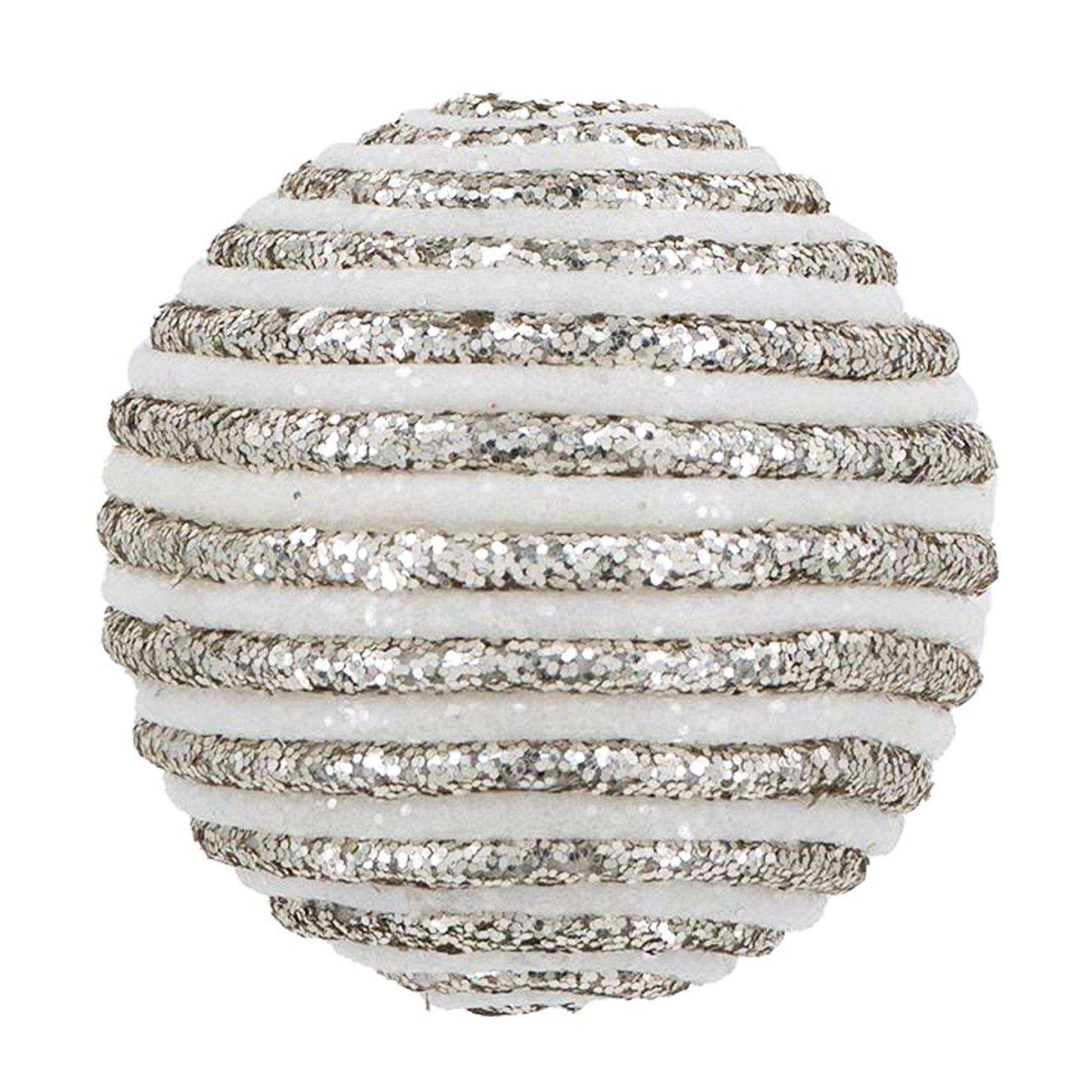 White and silver glitter stripe bauble ornament with plush texture