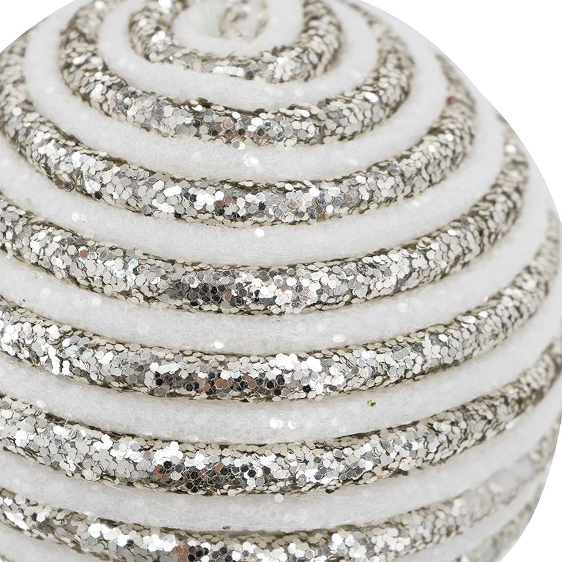 White felt Christmas ornament with silver glitter spiral detail