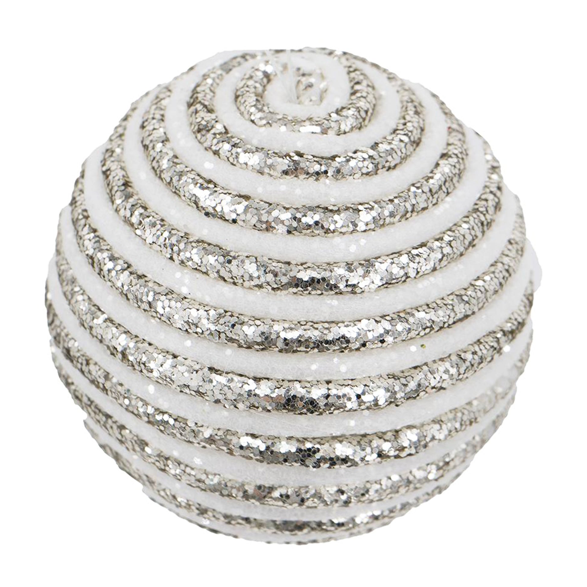 White felt Christmas ornament with silver glitter spiral accent for holiday decor