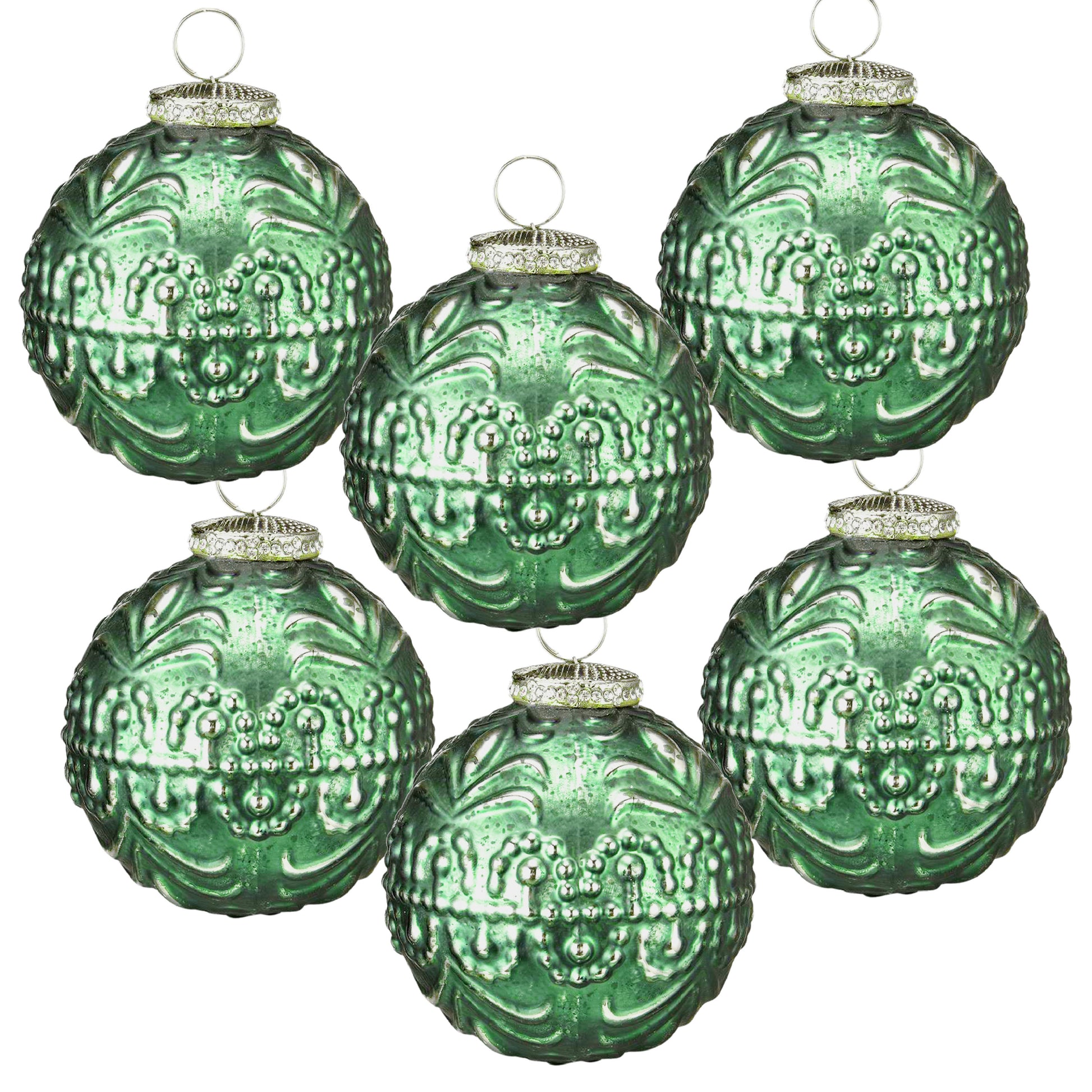 Set of  emerald green glass Christmas ornaments with ornate embossed detail and crystalembellished caps