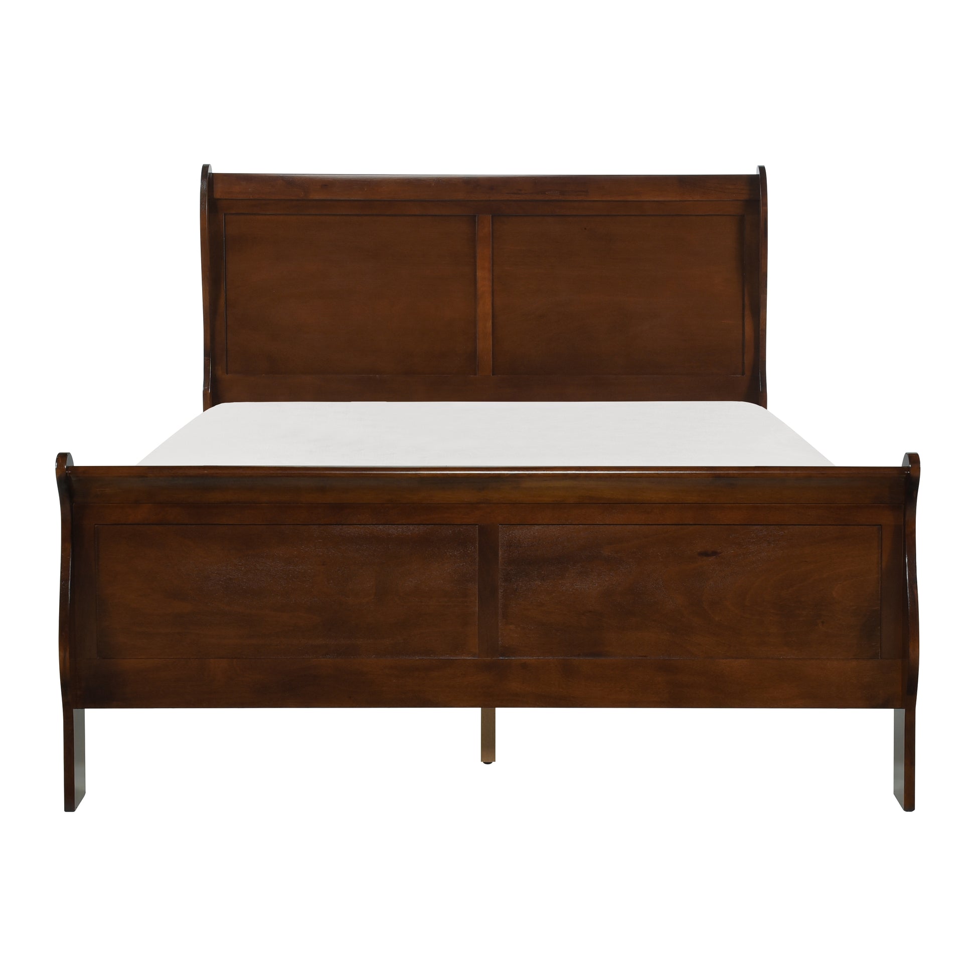 Elegant dark wood sleigh bed frame with a classic design and comfortable mattress
