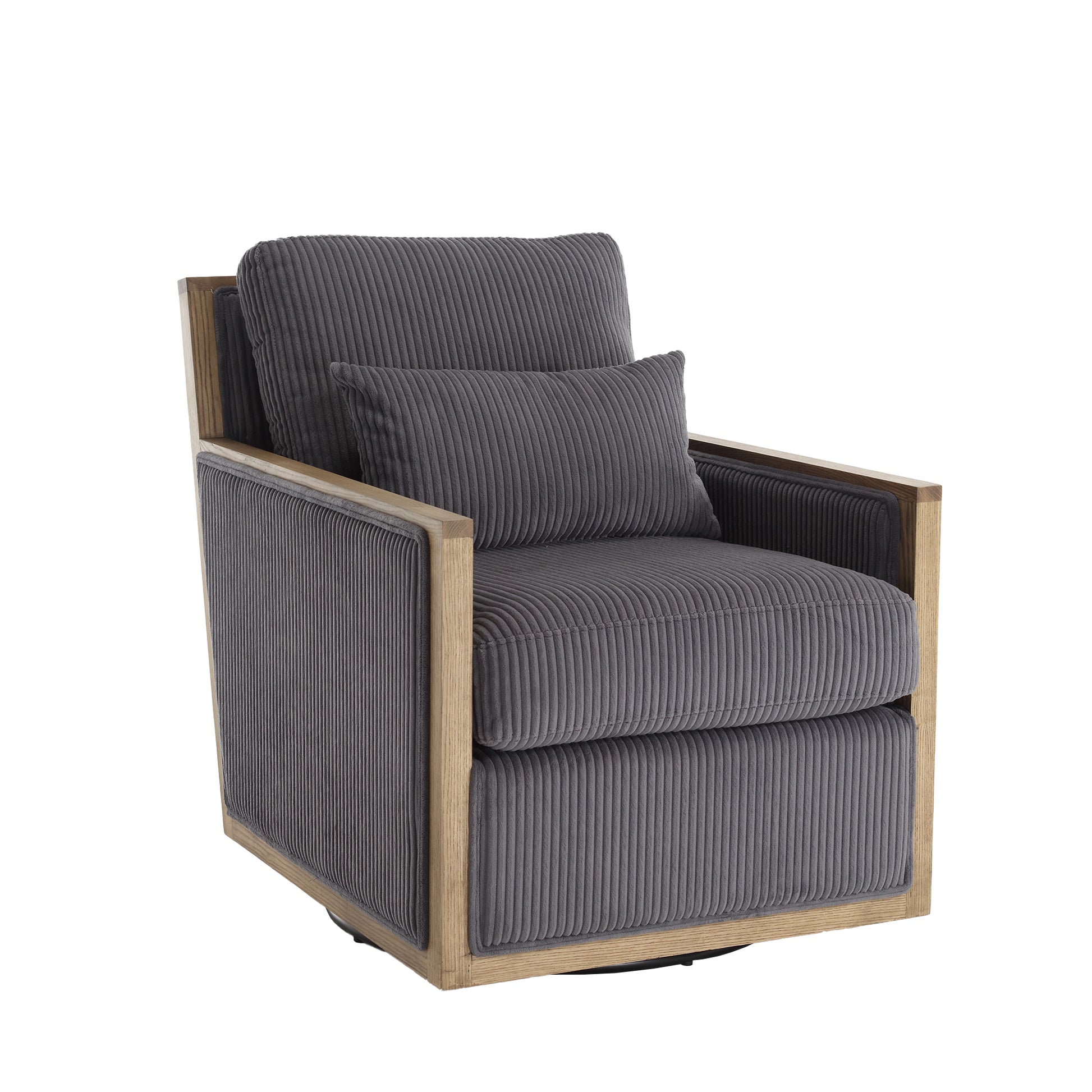 Grey corduroy accent chair with wooden frame and lumbar pillow