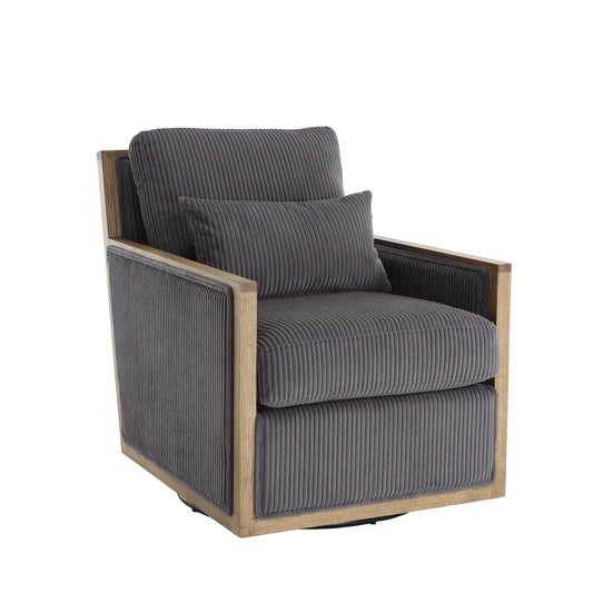 Grey corduroy accent chair with wooden frame and lumbar pillow