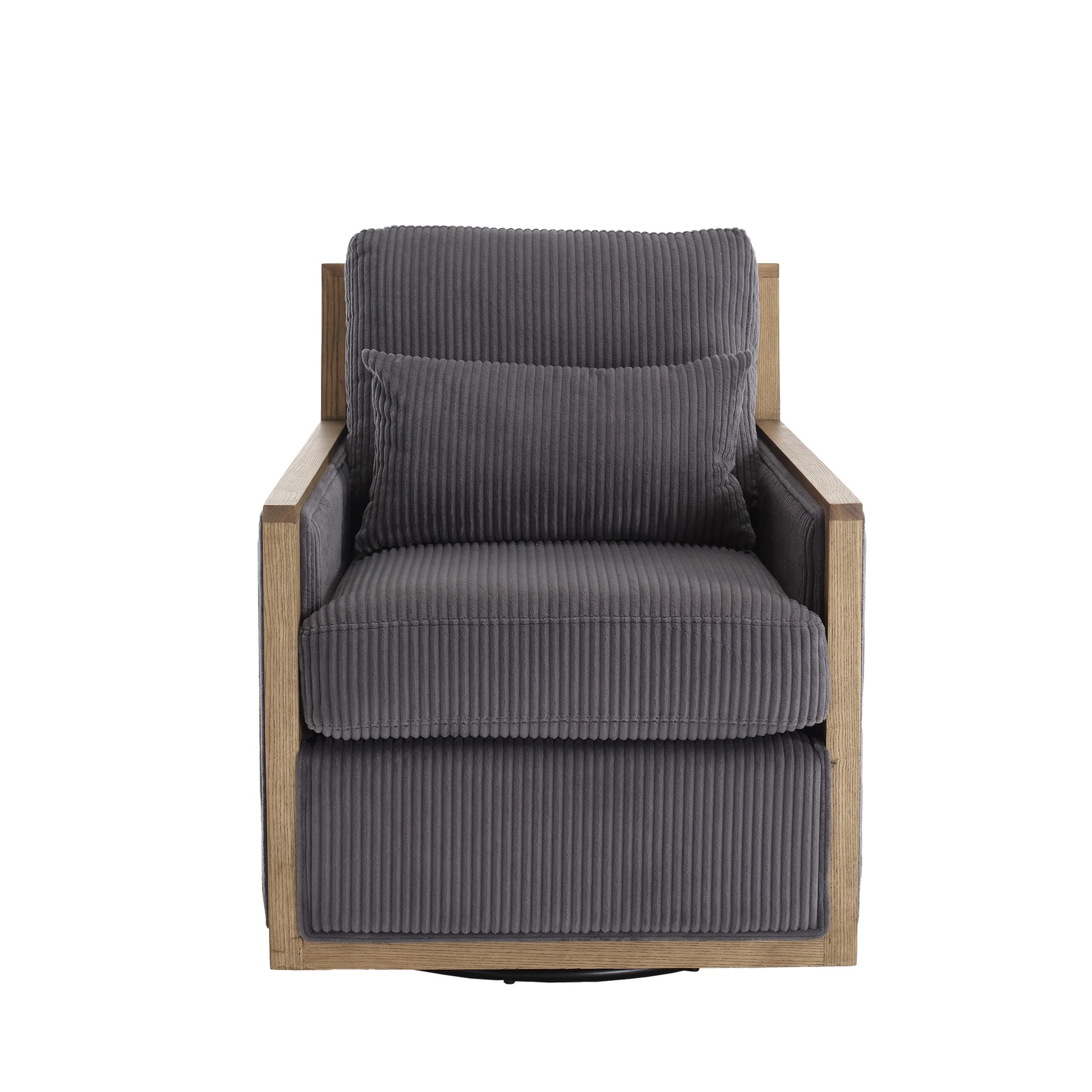 Gray corduroy armchair with natural wood frame and accent pillow