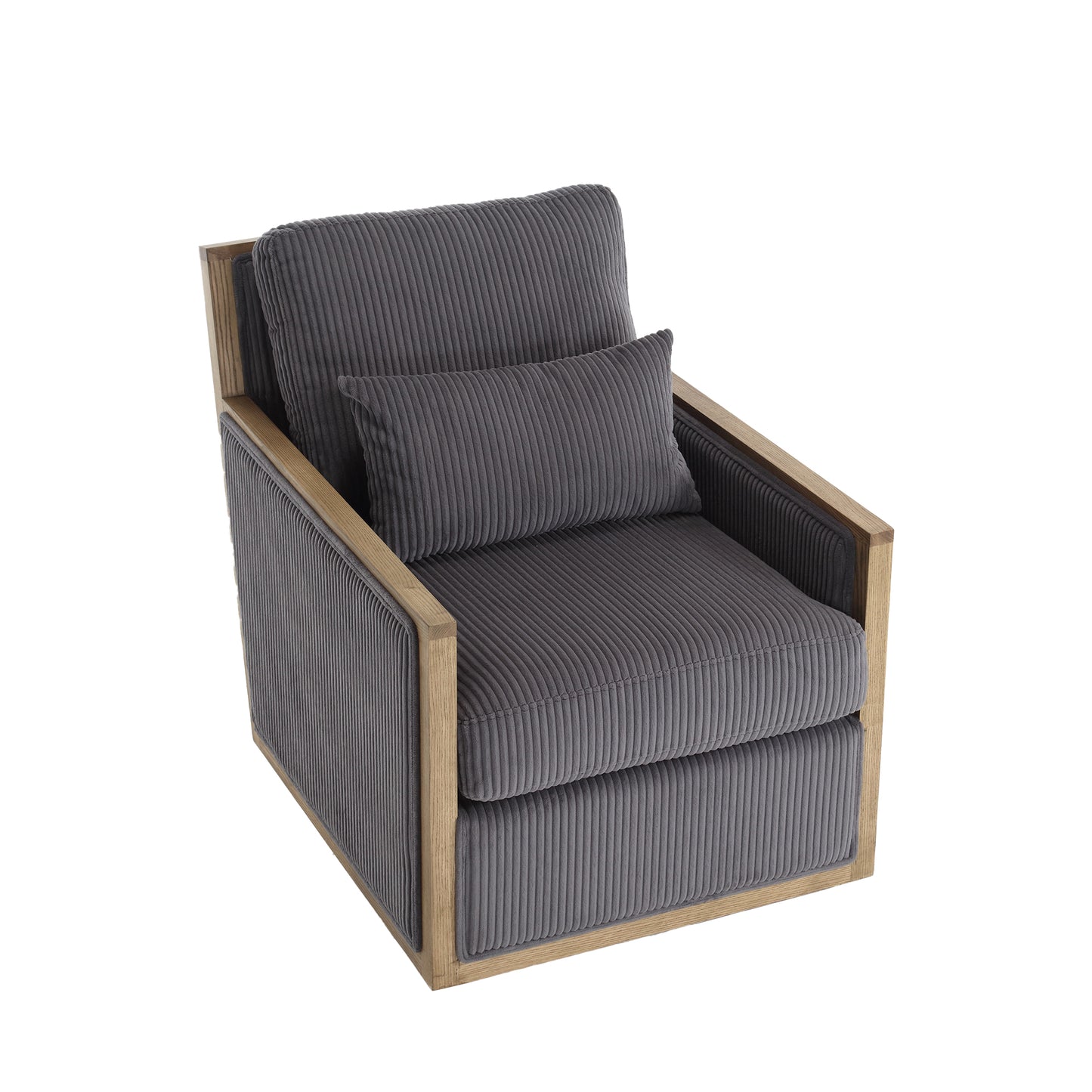 Gray corduroy accent chair with natural wood frame and plush lumbar pillow