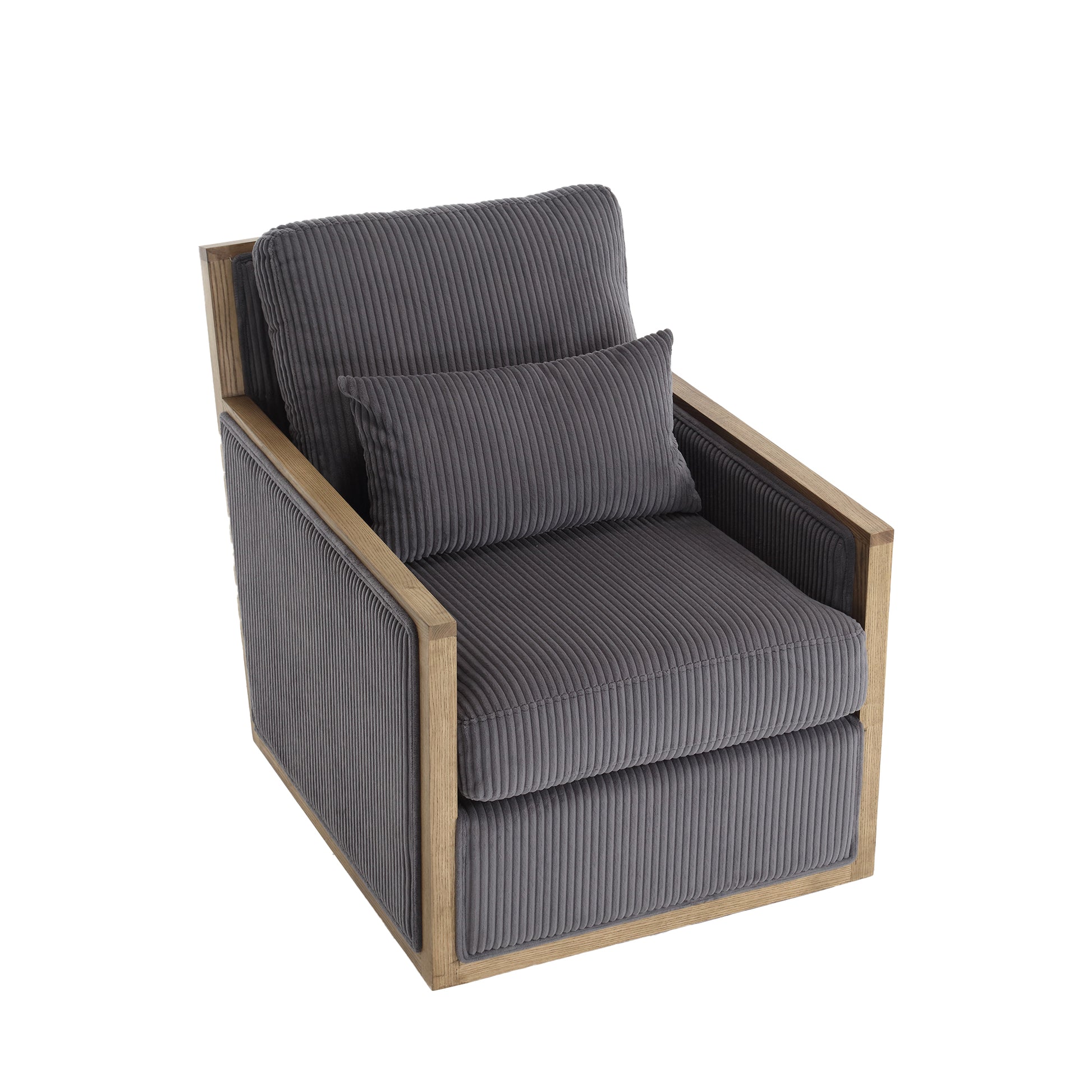 Gray corduroy accent chair with natural wood frame and plush lumbar pillow