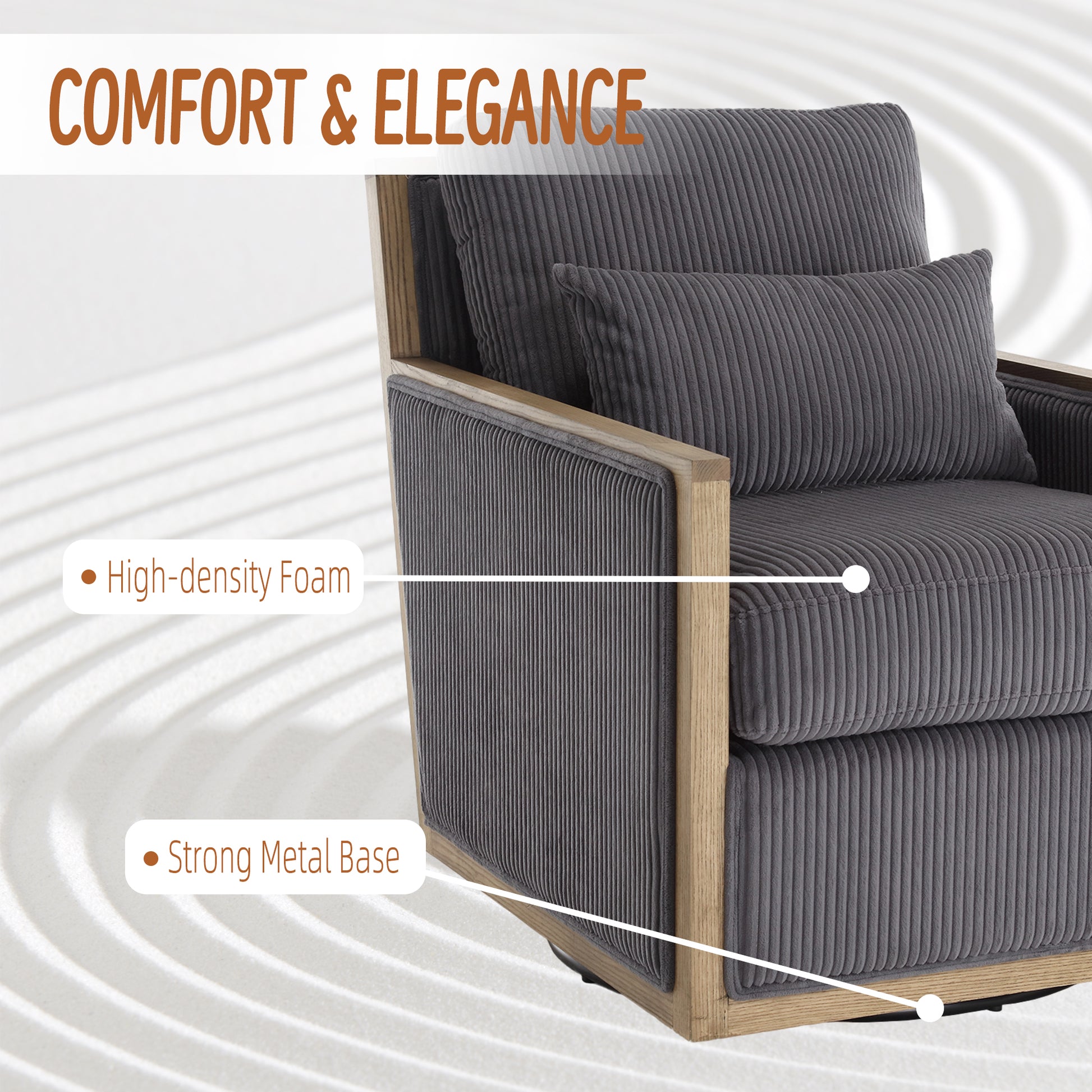 Comfortable charcoal corduroy accent chair with oak frame and highdensity foam