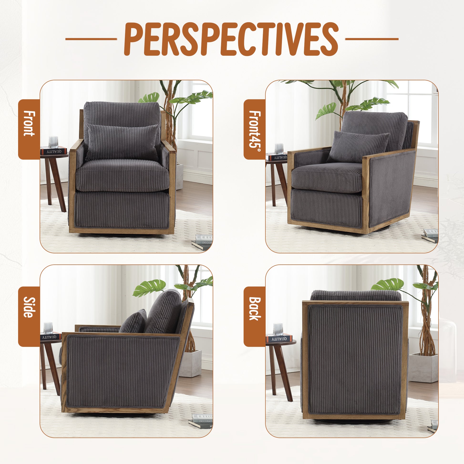 Dark grey corduroy armchair with wooden frame featuring plush cushions and a swivel base for modern living