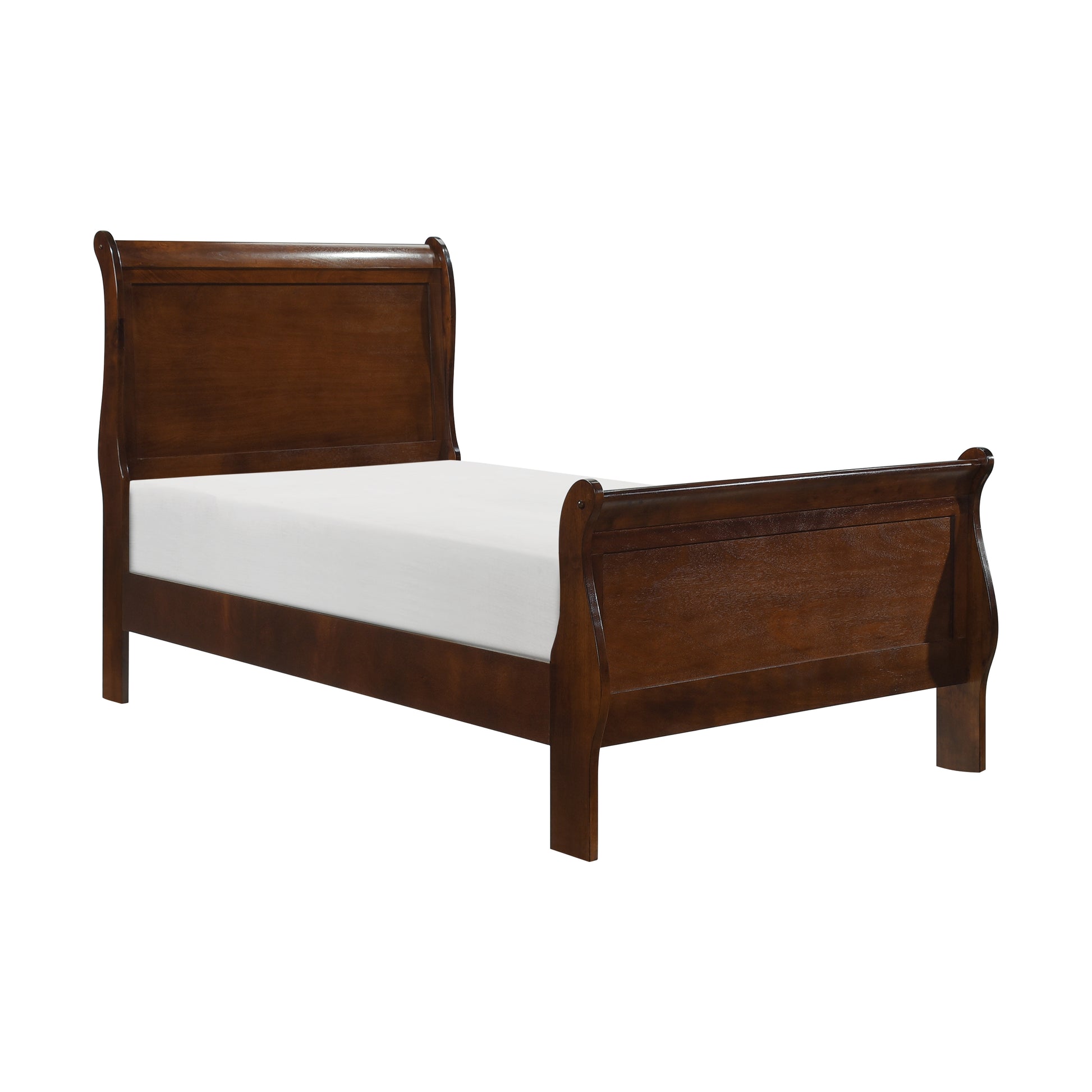 Dark brown sleigh bed frame with white mattress on a white background