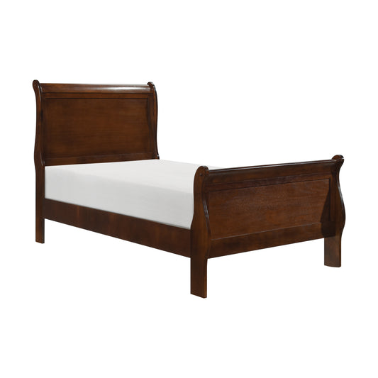 Dark brown sleigh bed frame with white mattress on a white background