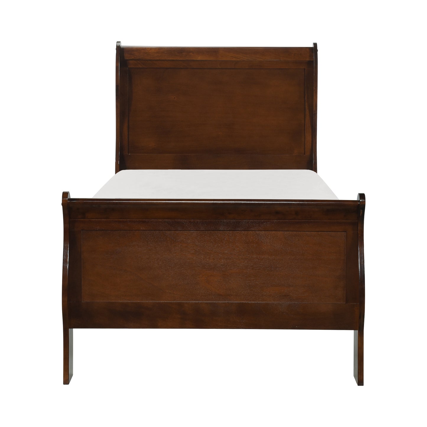 Dark wood sleigh bed frame with white mattress