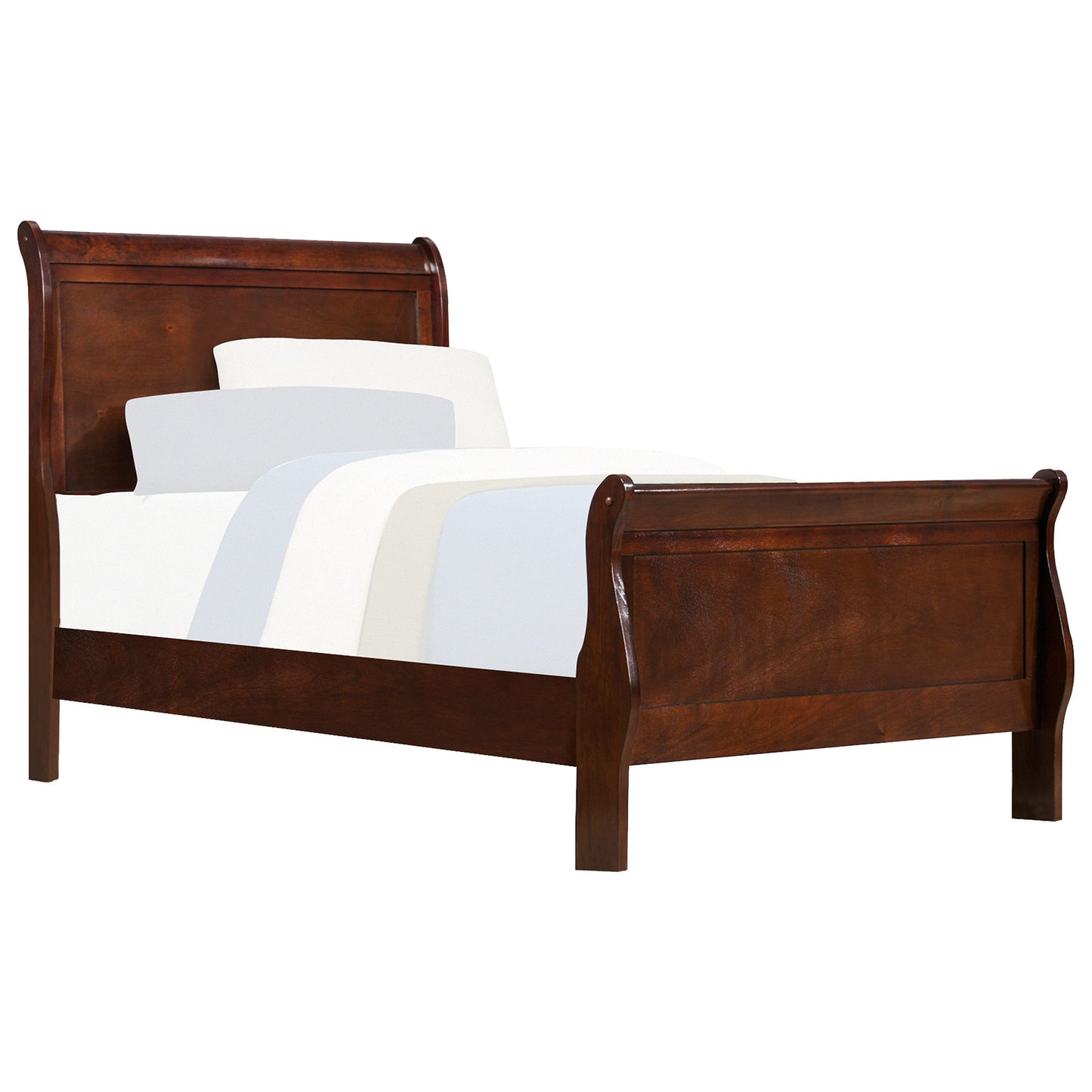 Dark brown wooden sleigh bed with white and blue striped bedding