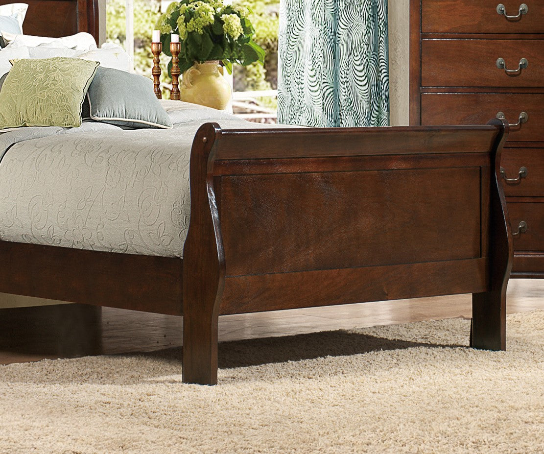 Dark wood sleigh bed frame with curved headboard and footboard