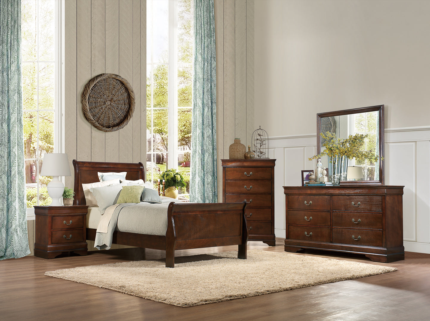 Dark wood sleigh bed with white bedding and pillows