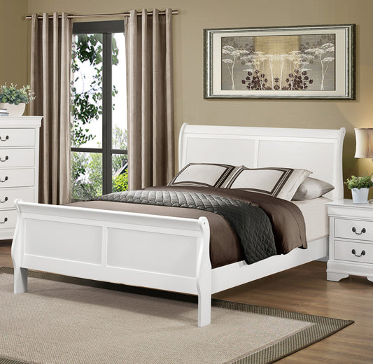 White sleigh bed with upholstered headboard