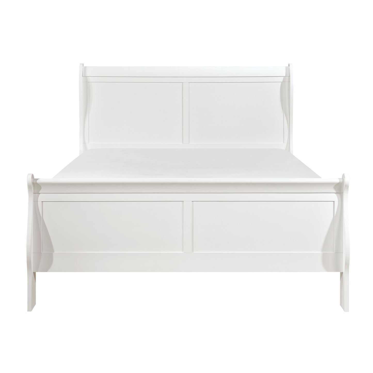 White wooden sleigh bed with panel detailing and clean lines