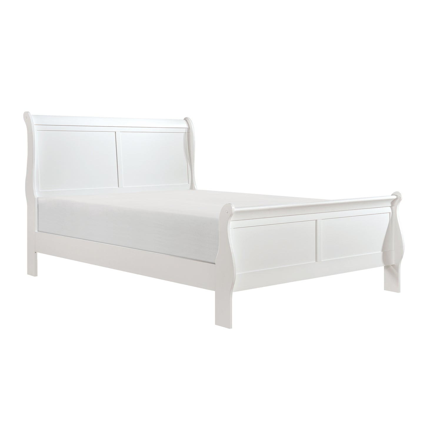 White wooden sleigh bed frame with a mattress
