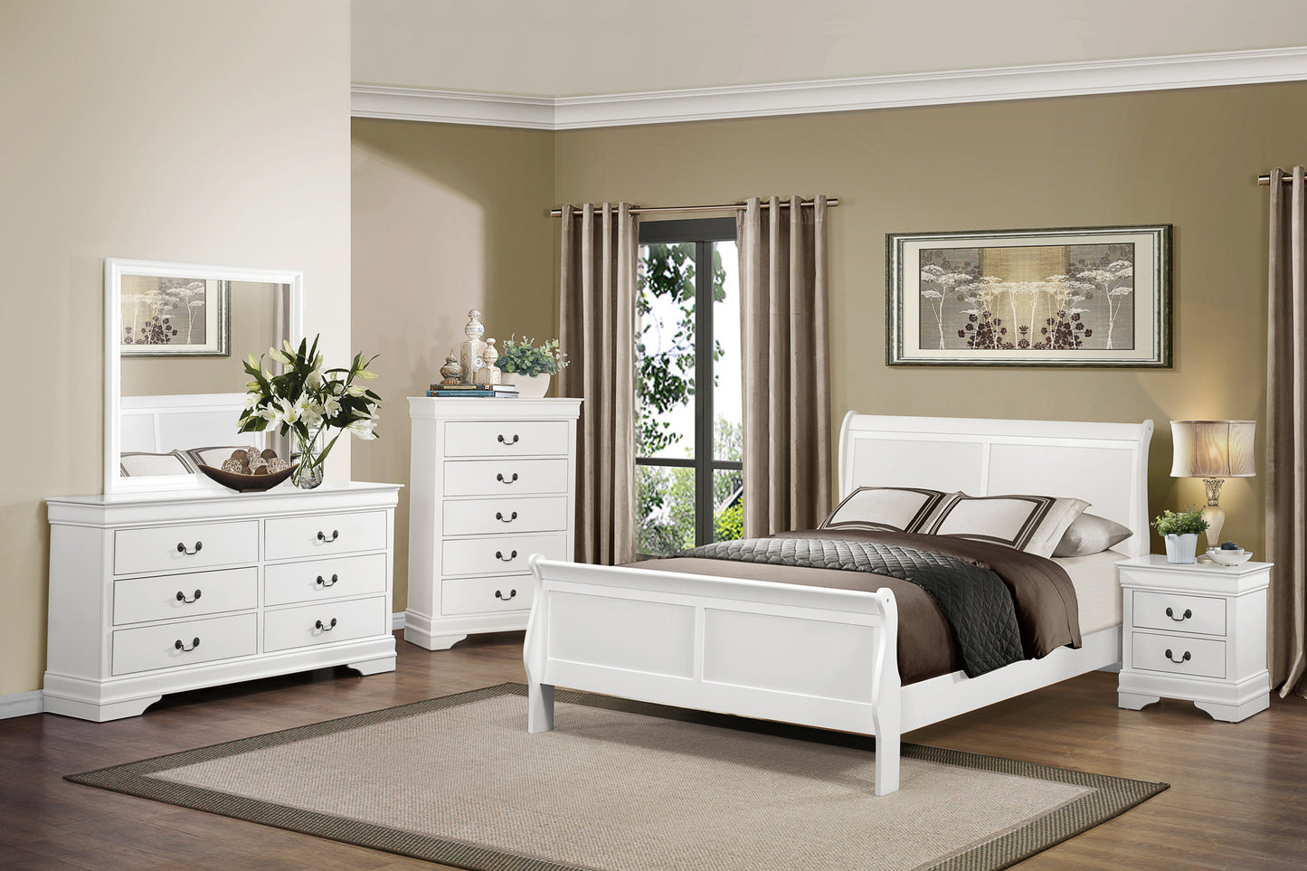 White sleigh bed with dark wood floor and neutral rug