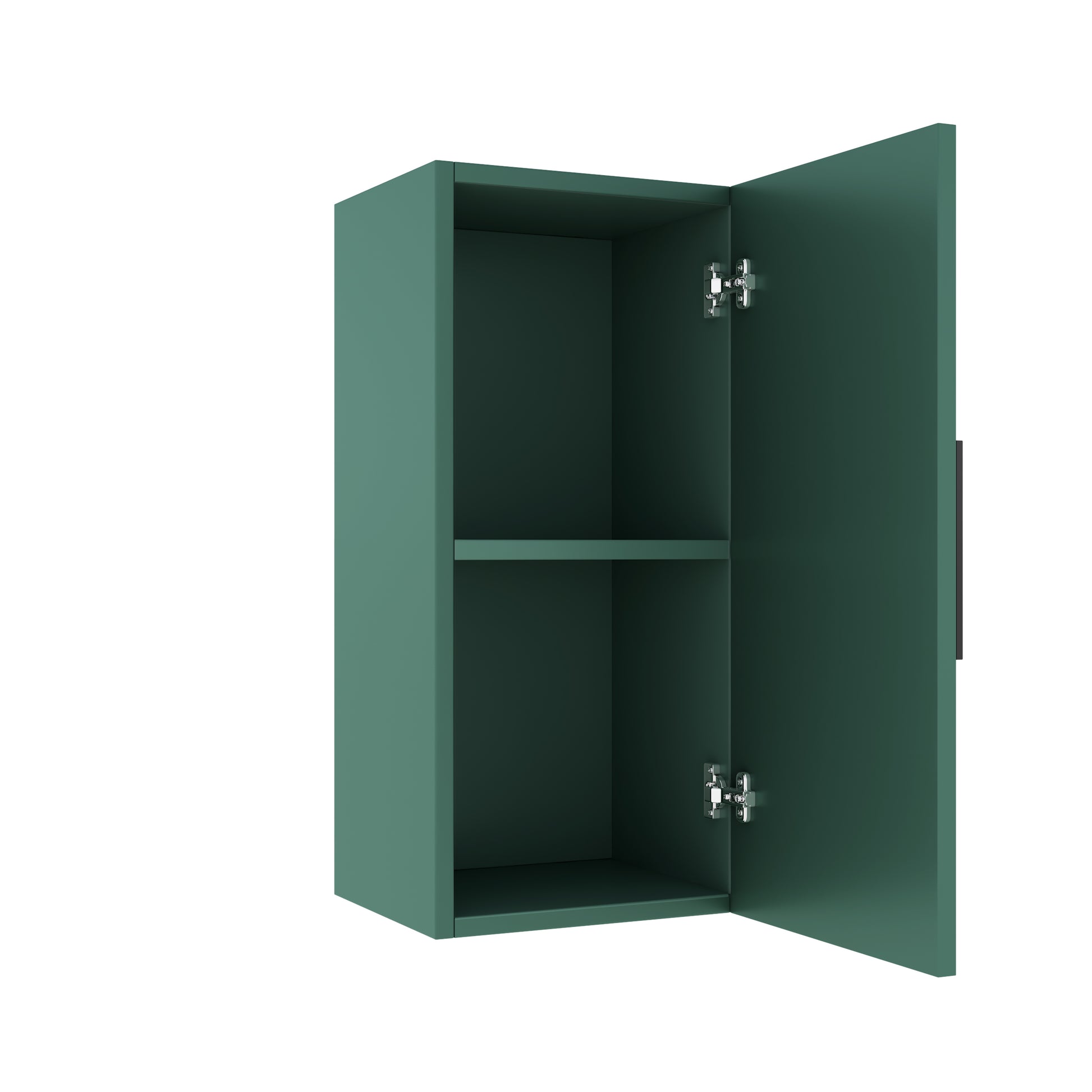 Green modern cabinet with two shelves and open door ideal for contemporary kitchens