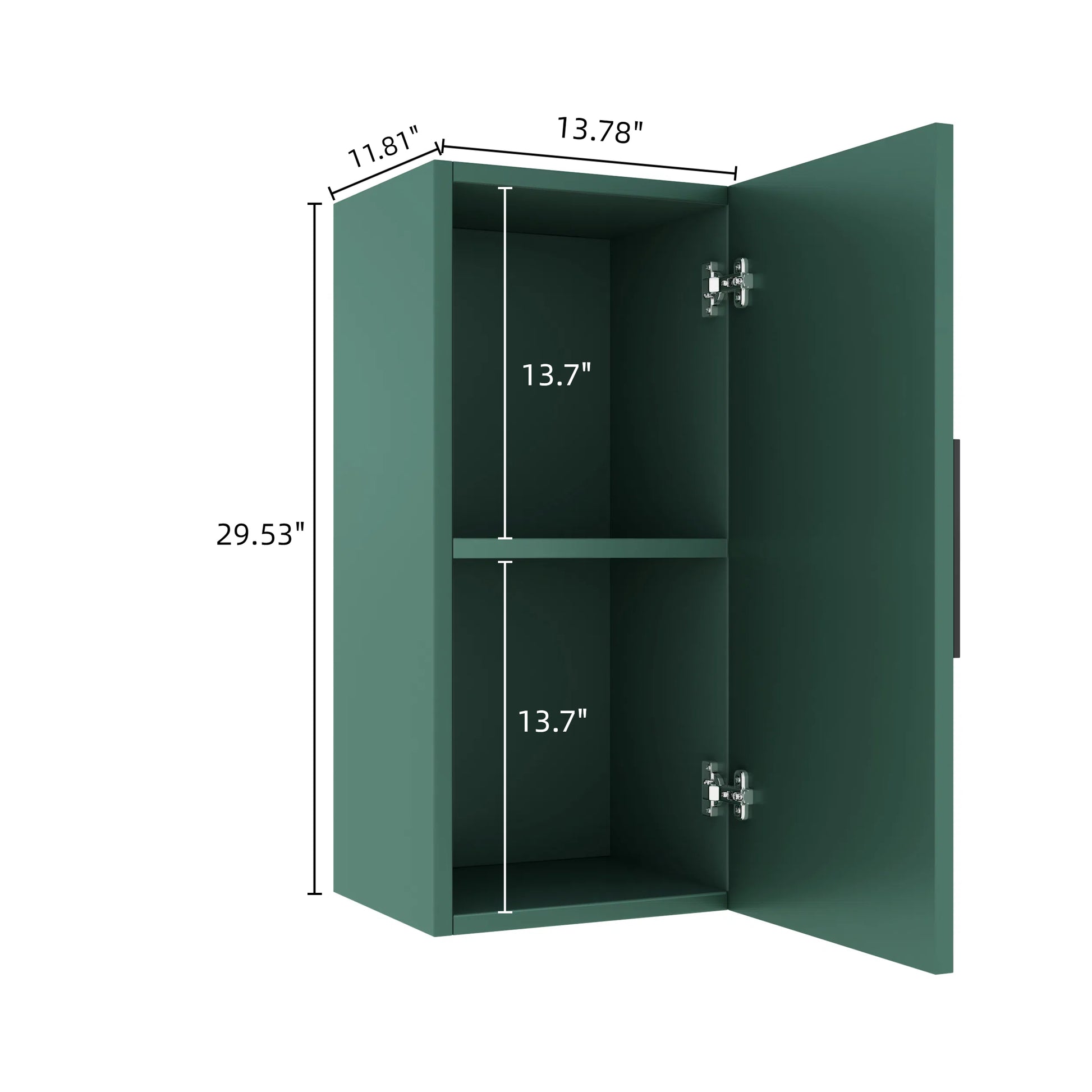 Emerald green modern wall cabinet open door revealing two shelves  W x  D x  H