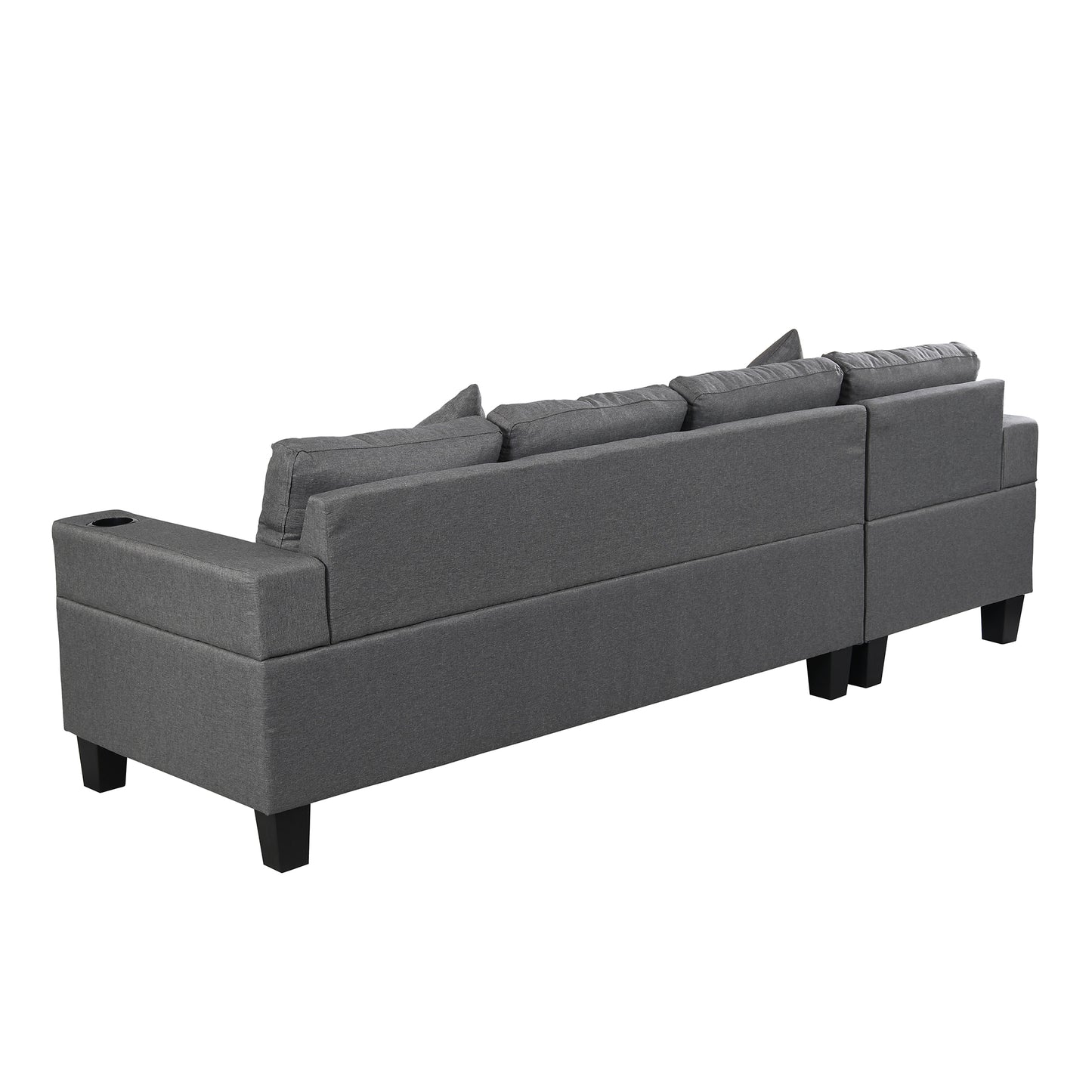 Dark gray fabric sectional sofa with chaise and builtin cup holder