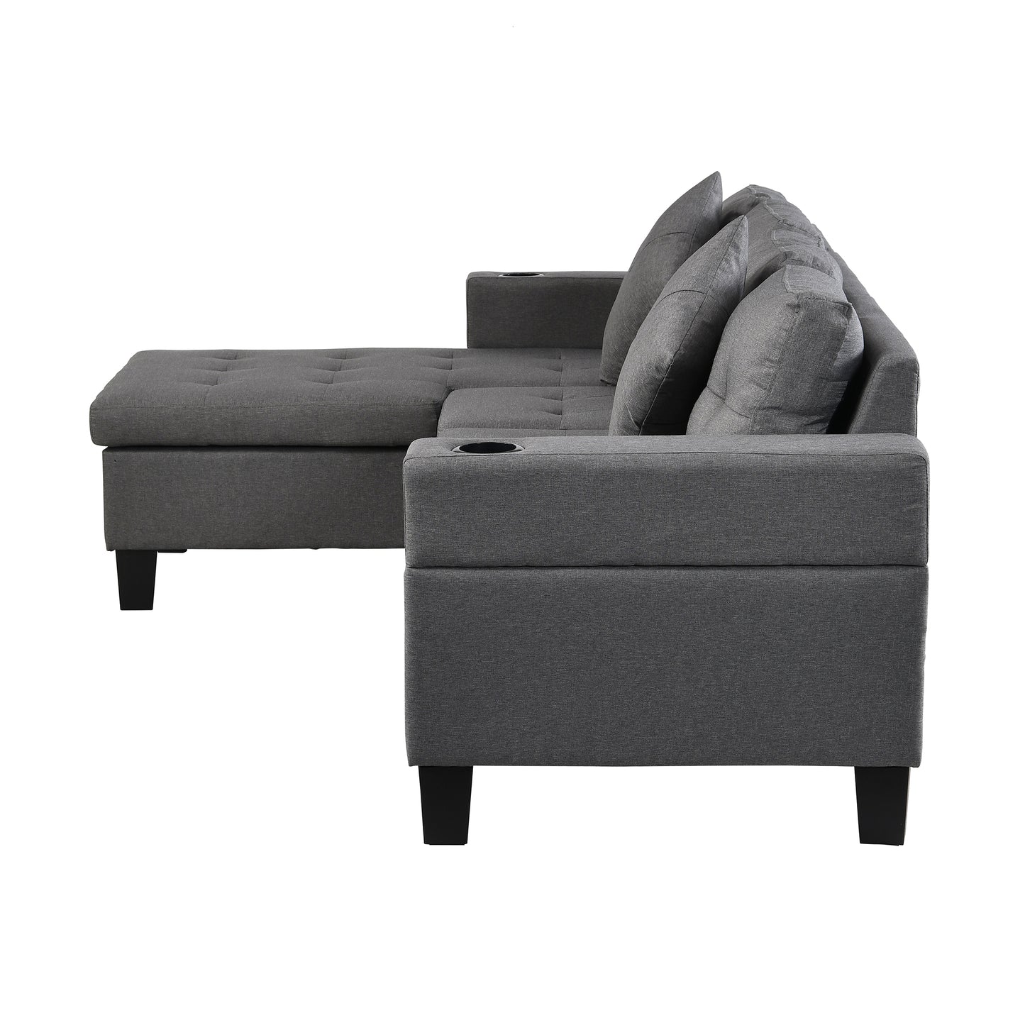 Dark gray fabric sectional sofa with tufted chaise lounge and builtin cup holders