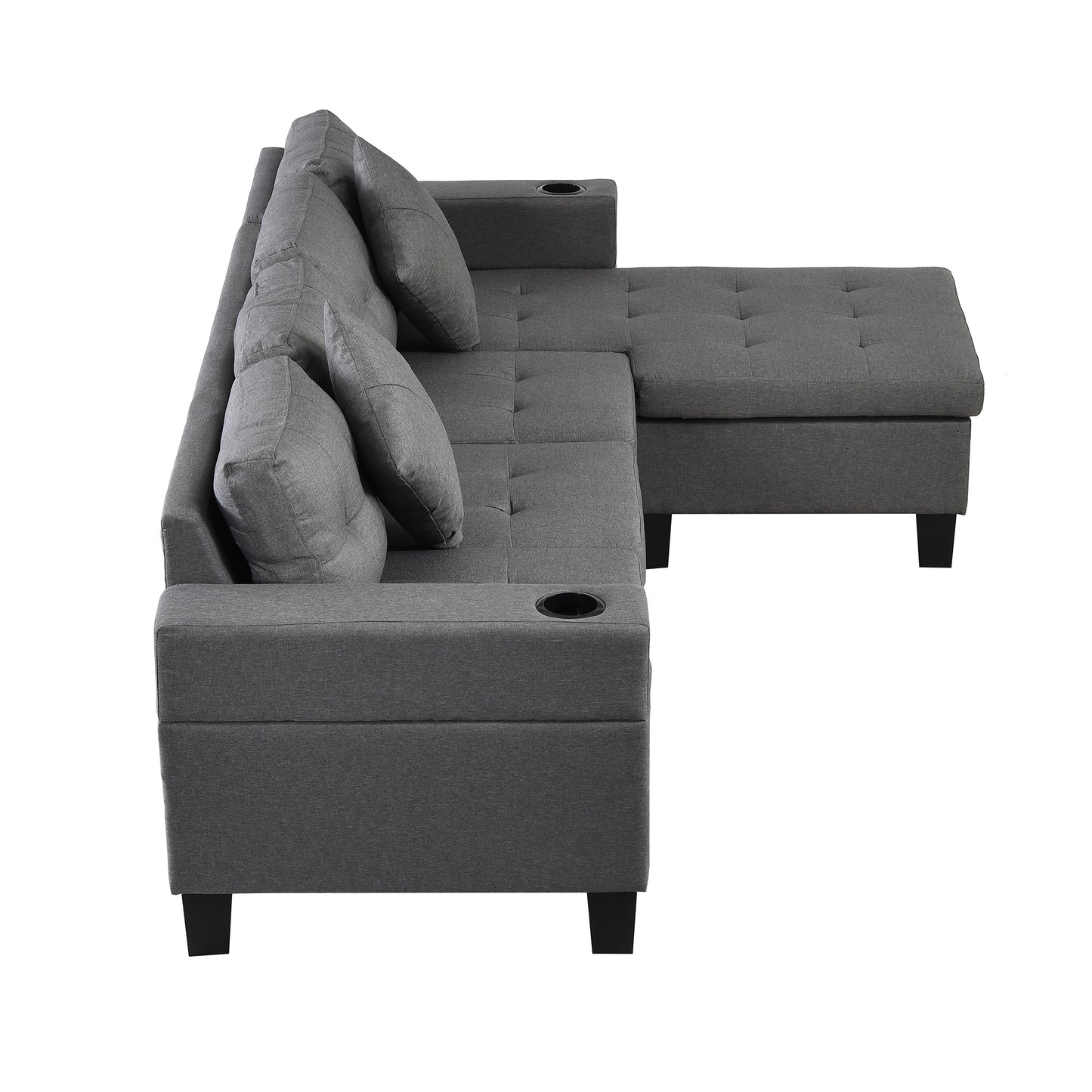 Dark grey fabric sectional sofa with tufted cushions and builtin cup holders