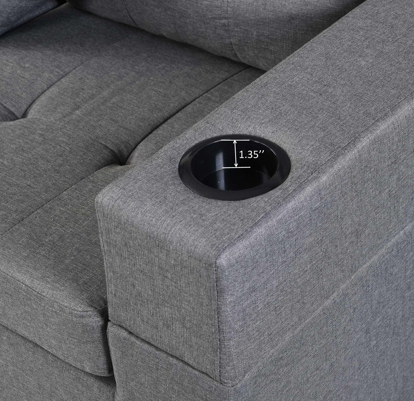 Gray fabric sofa with builtin cup holder and  depth for comfortable seating