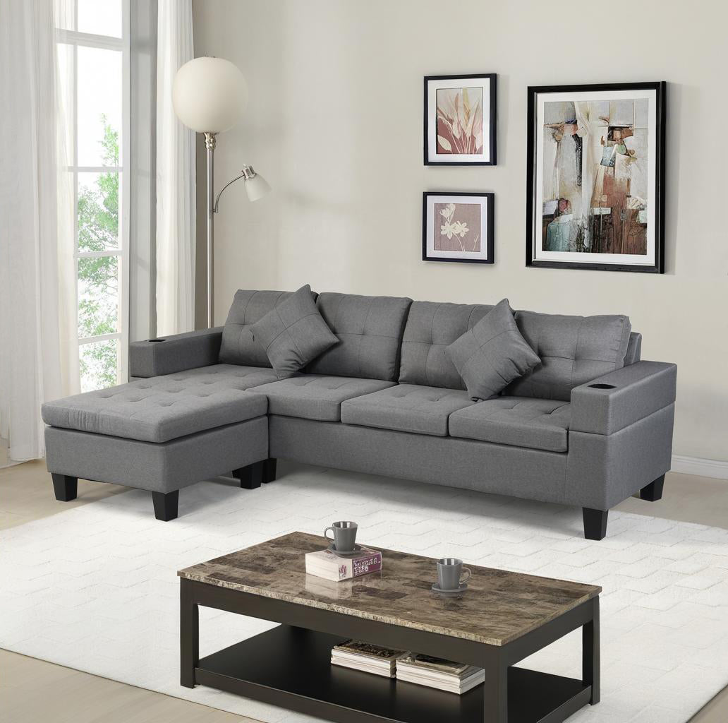 Tufted gray fabric sectional sofa with chaise lounge and builtin cup holders