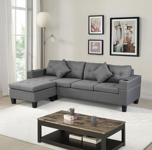 Tufted gray fabric sectional sofa with chaise lounge and builtin cup holders