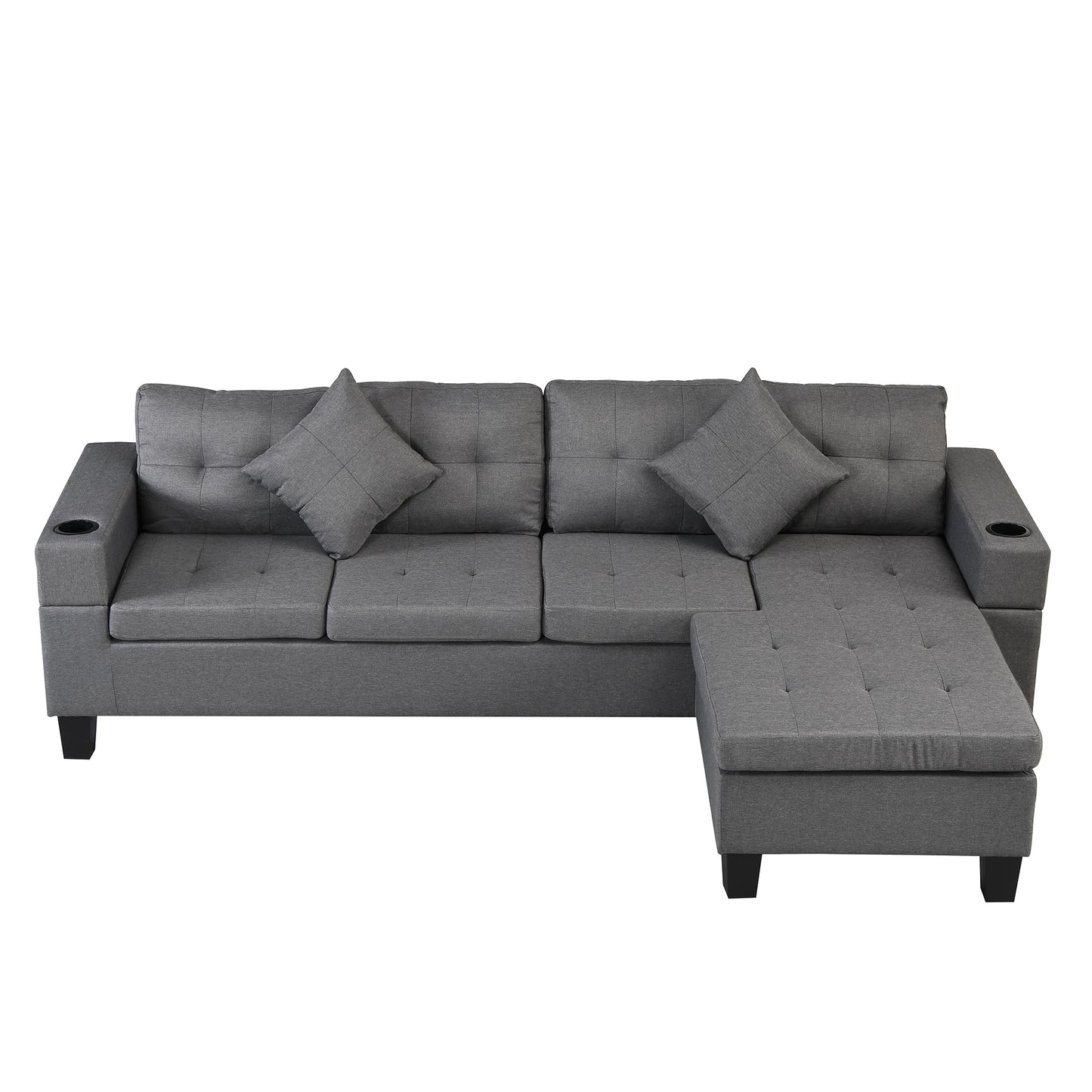 Gray upholstered sectional sofa with tufted cushions and builtin cup holders