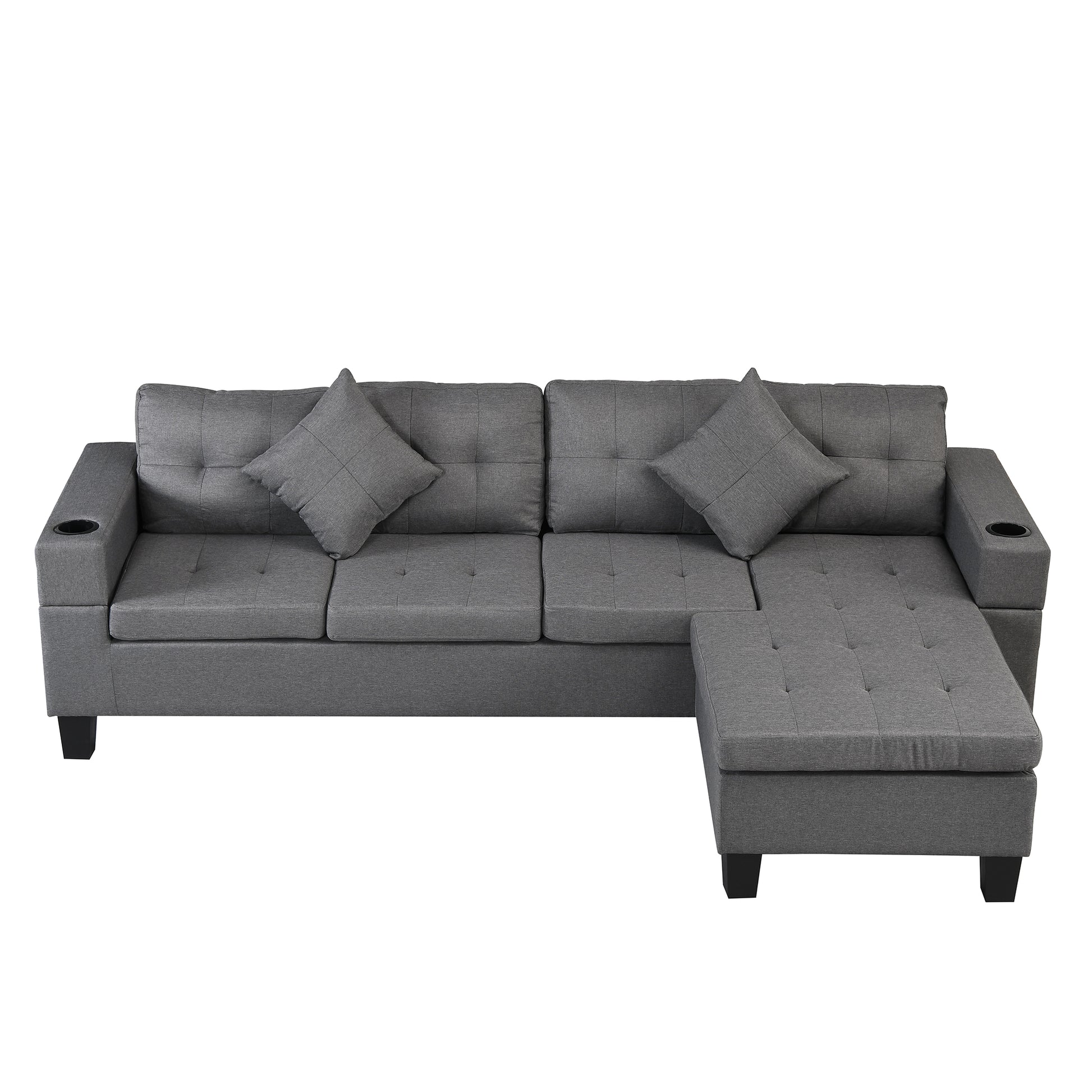Gray upholstered sectional sofa with tufted cushions and builtin cup holders