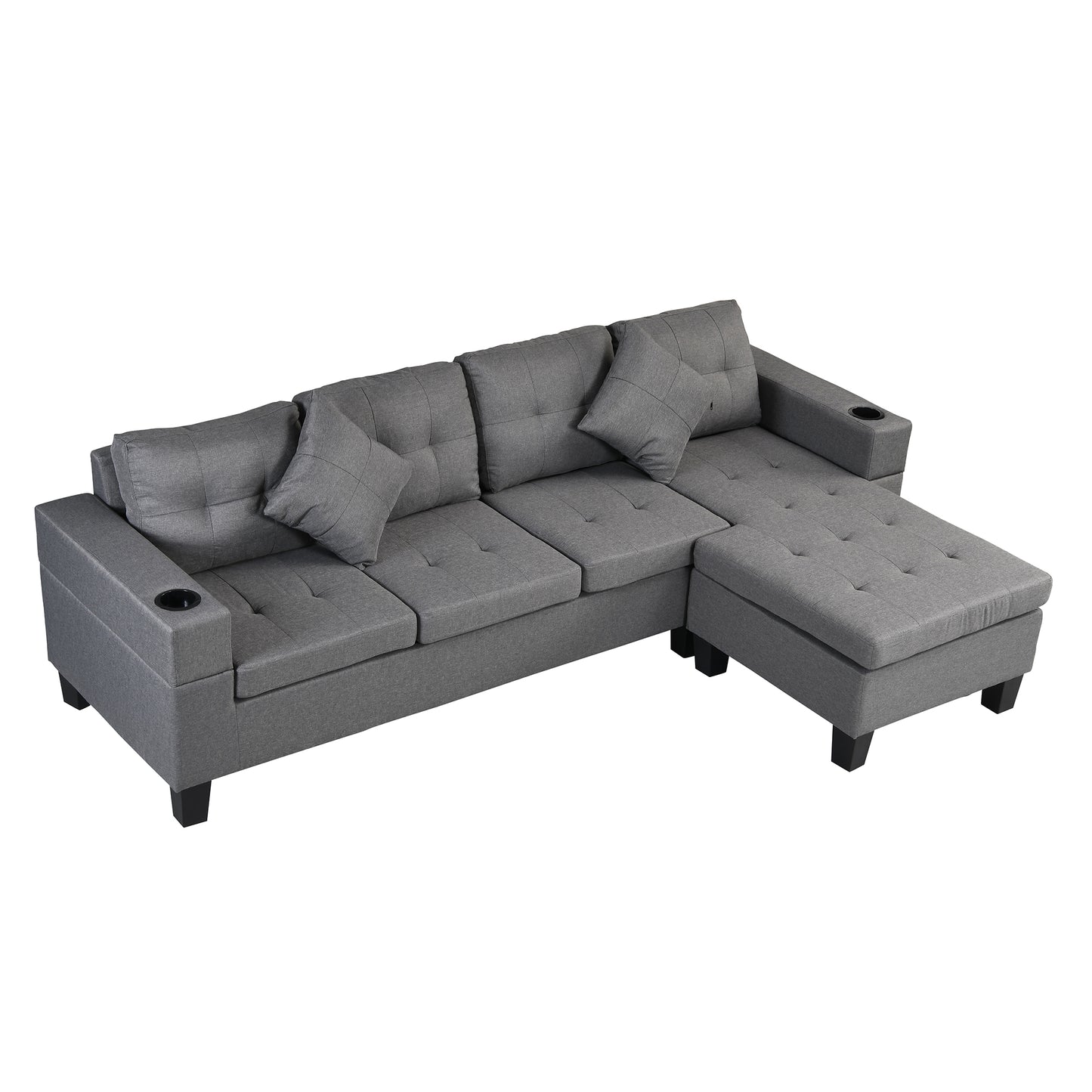 Grey fabric sectional sofa with tufted cushions and builtin cup holders
