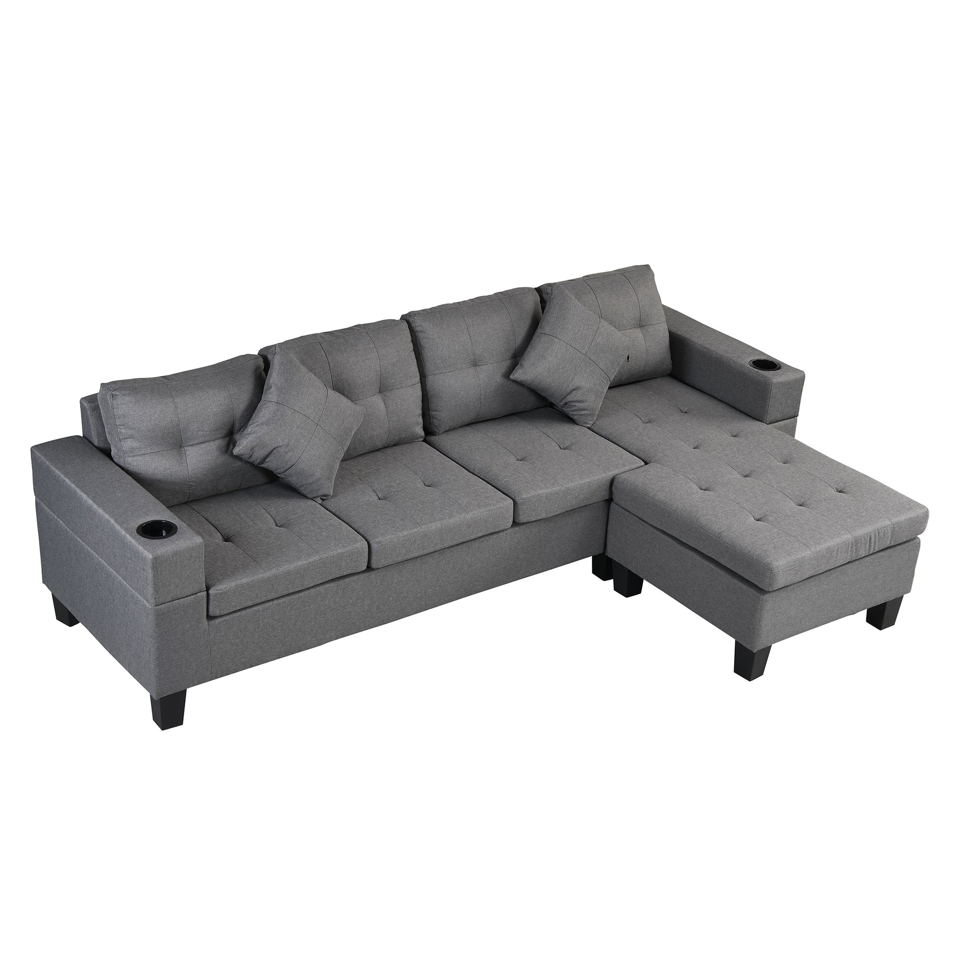 Grey fabric sectional sofa with tufted cushions and builtin cup holders