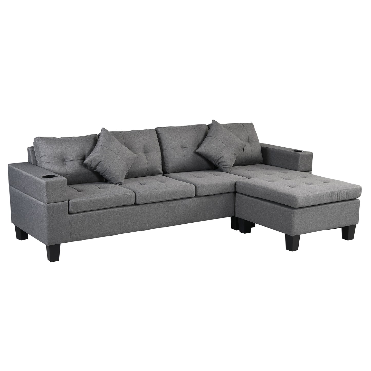 Gray fabric sectional sofa with tufted cushions and cup holders ideal for living room seating