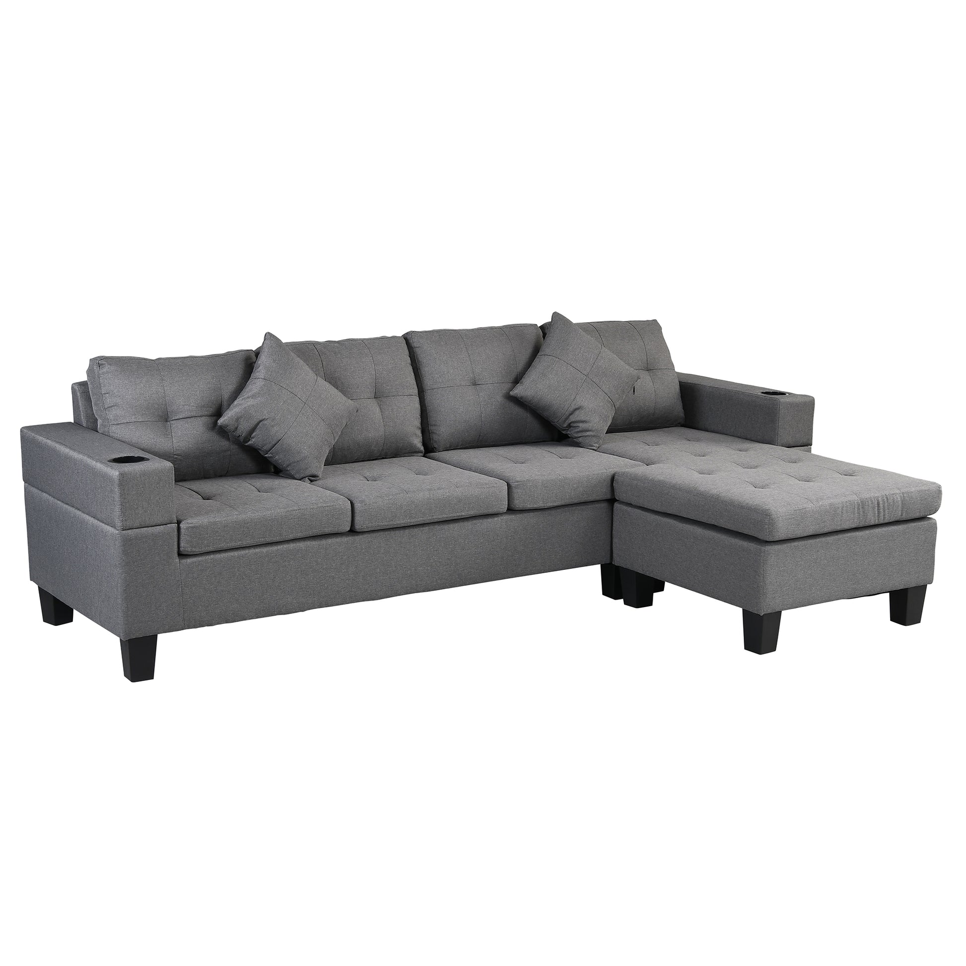 Gray fabric sectional sofa with tufted cushions and cup holders ideal for living room seating