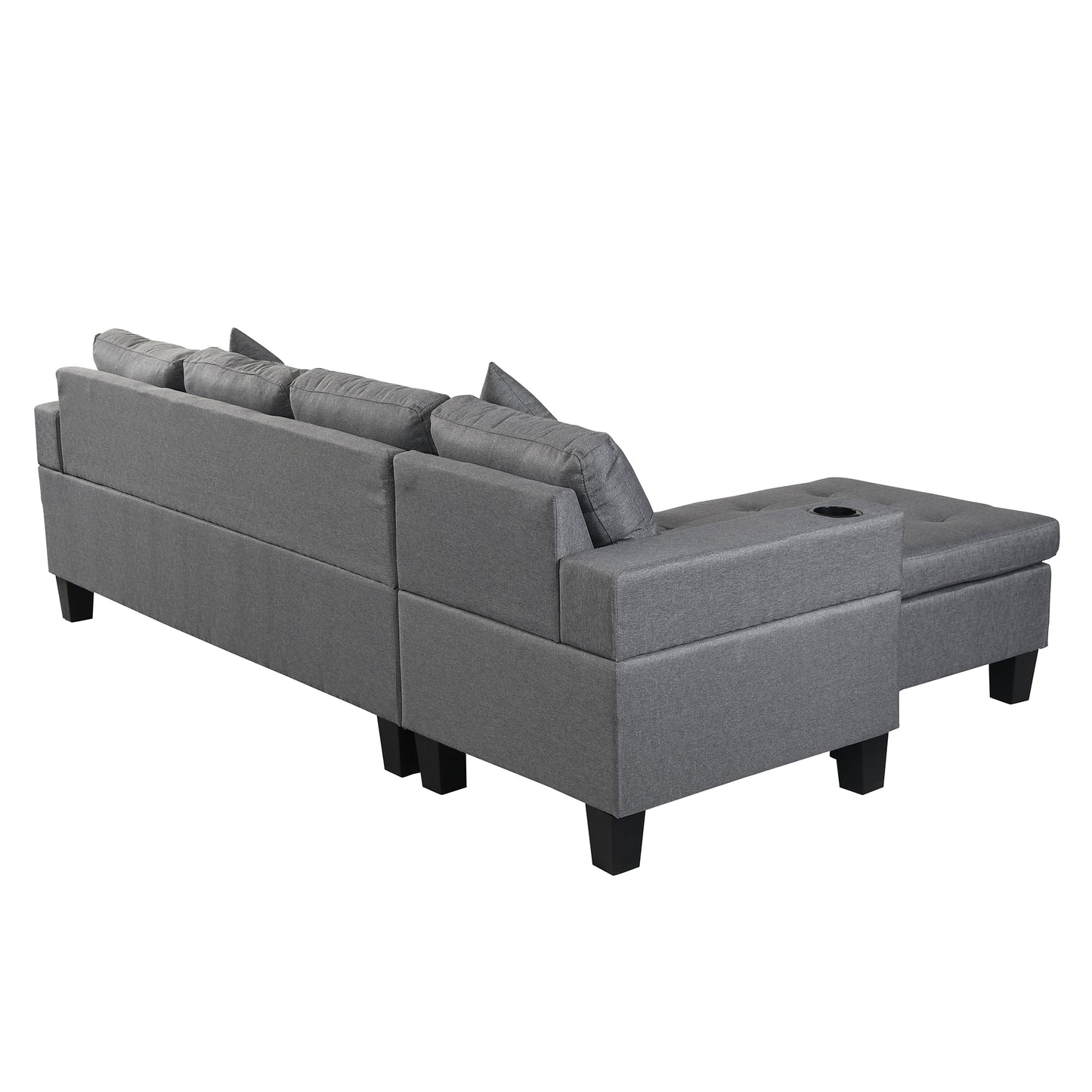 Gray fabric sectional sofa with chaise and cup holder modern living room furniture