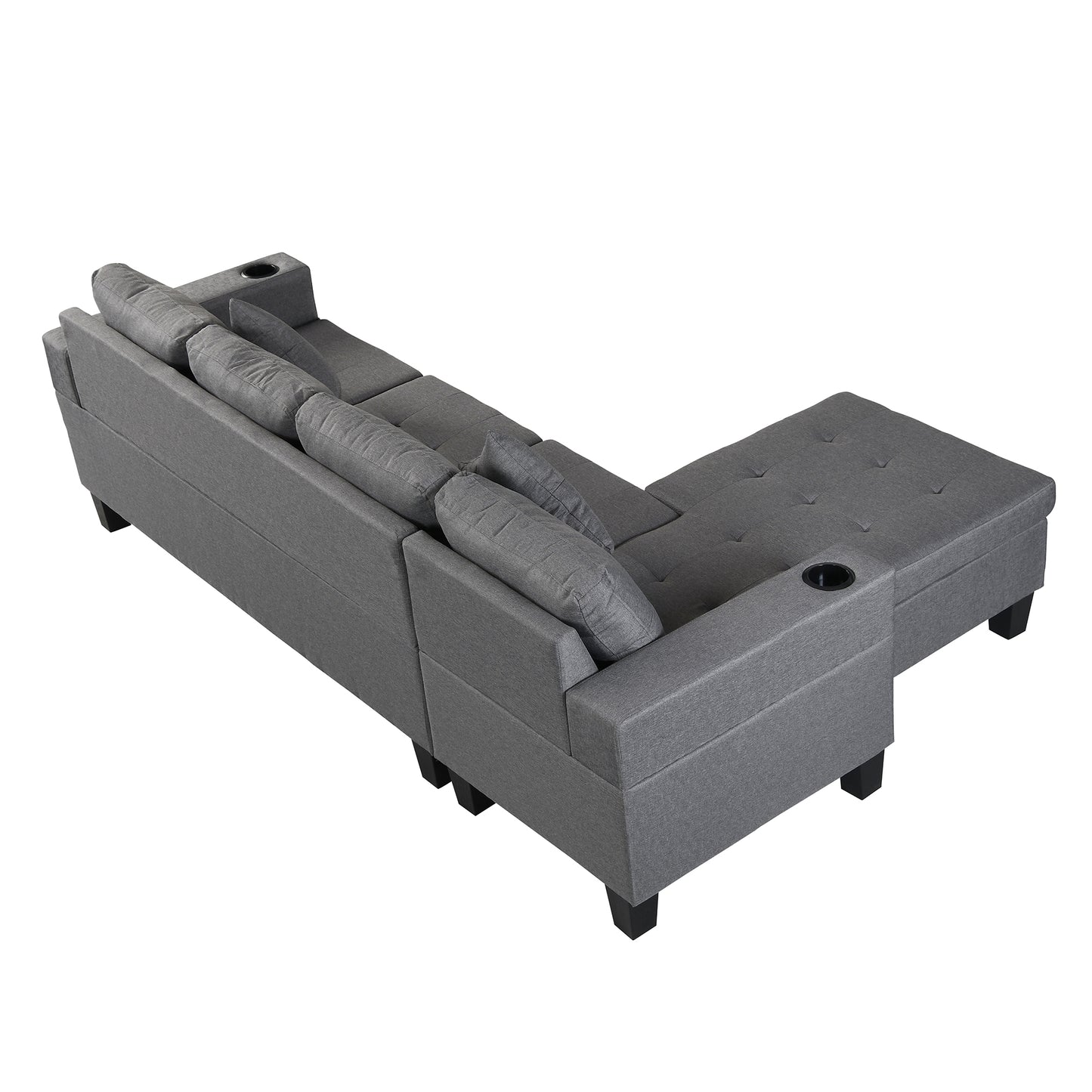 Grey fabric sectional sofa with builtin cup holders for living room comfort